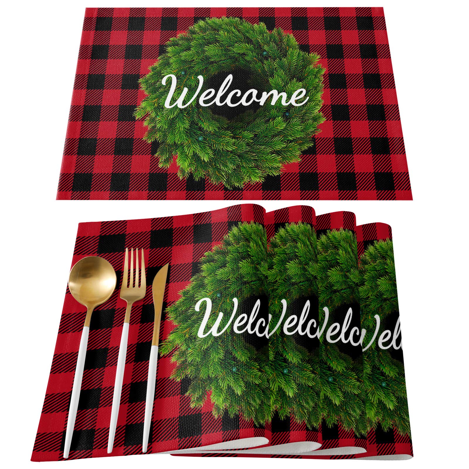 Red Buffalo Check Plaid Christmas Placemats Set of 4 - Non-Slip Washable Dining Table Mats for Holiday Banquet, Kitchen Decor & Festive Home Dining | Perfect for Christmas Dinner, Thanksgiving, and Winter Party Decorations