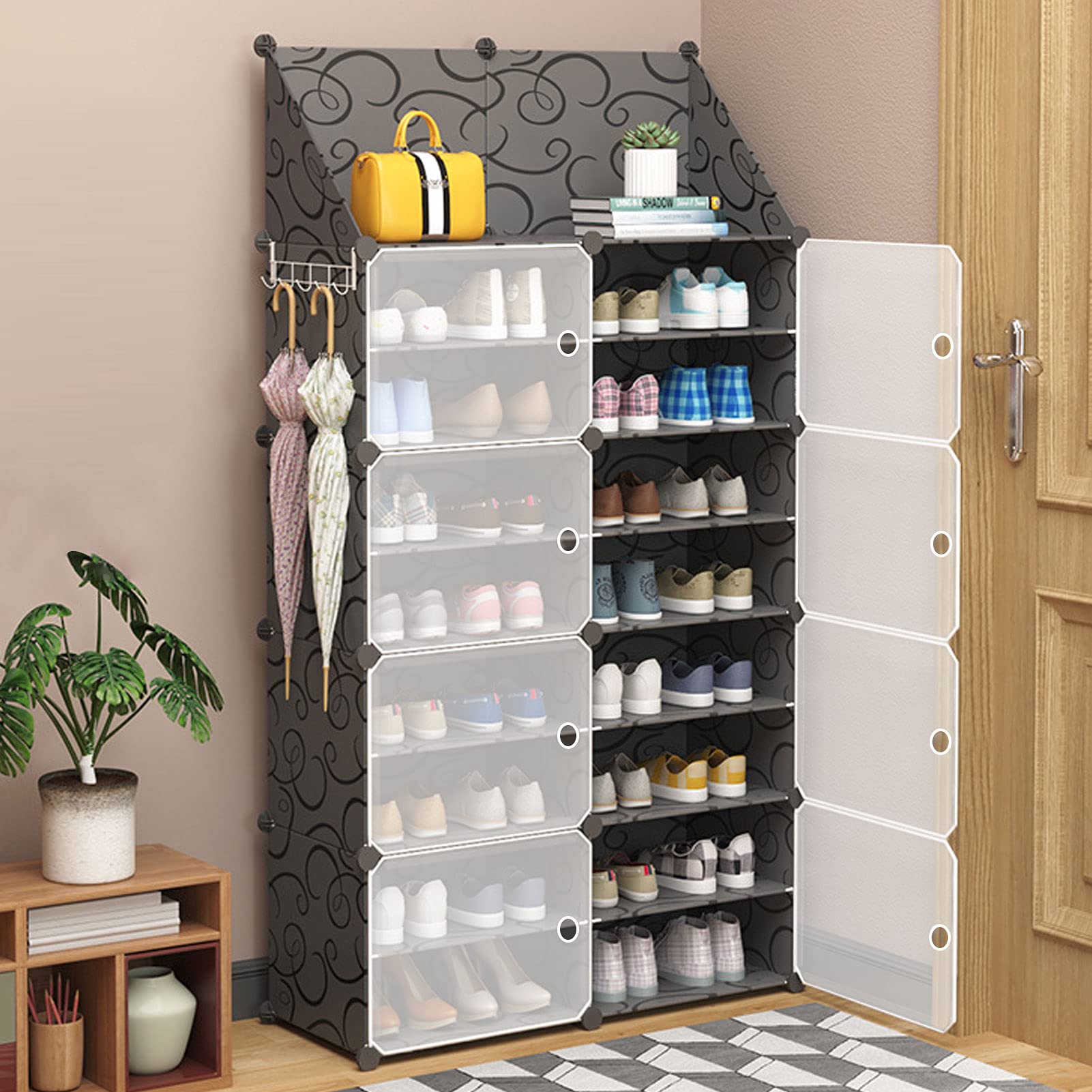 8-Tier Shoe Storage Cabinet with Doors & Key Holder - Expandable Standing Shoe Rack Organizer for 32-64 Pairs of Shoes, Boots & Slippers - Perfect for Closet, Hallway, Bedroom & Entryway Organization (Black) - Ideal for Small Spaces & Home Storage Solutions