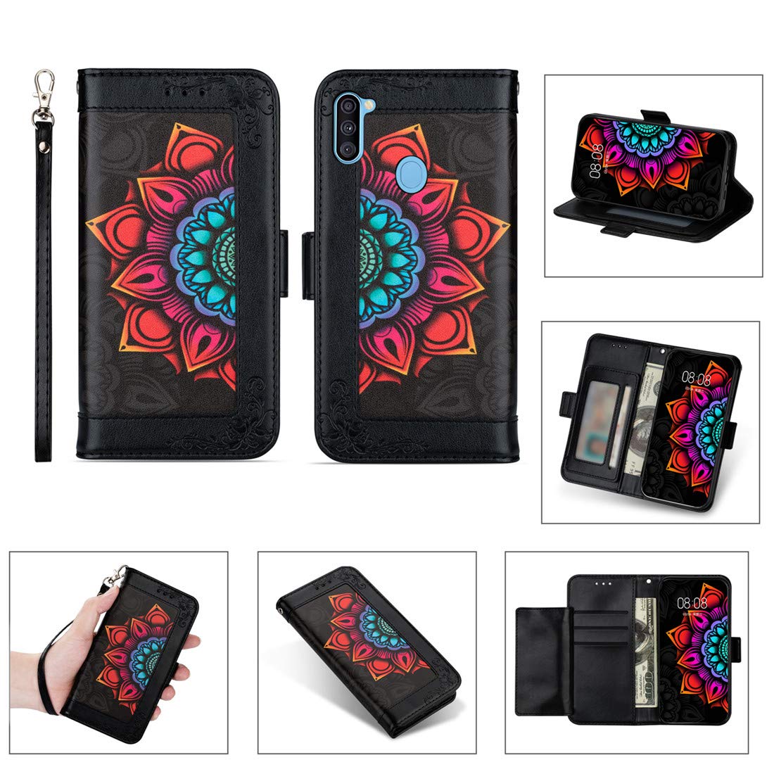 Premium PU Leather Wallet Case for Samsung Galaxy A11 - Magnetic Closure, Card Slots & Wrist Strap | Flower Color Printing Design | Perfect for Everyday Use, Travel & Business Meetings