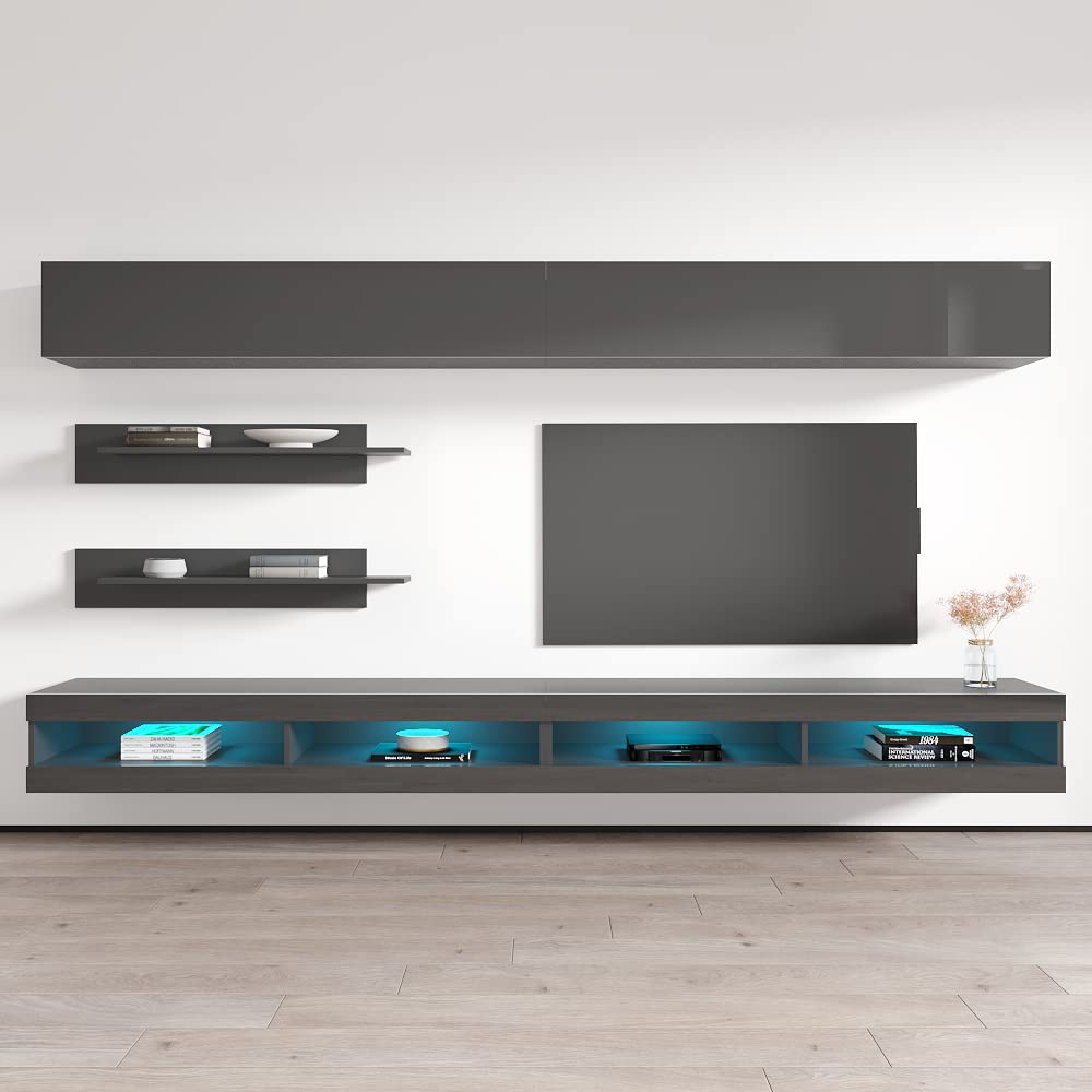 Modern Gray Floating TV Stand with Storage & LED Lights - Wall-Mounted Entertainment Center for Living Room & Bedroom - 34