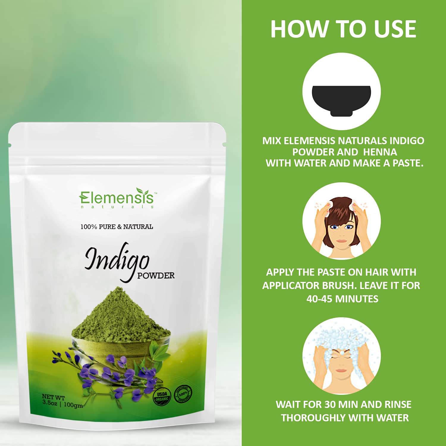 Elemensis Naturals Organic Pure Indigo Powder for Hair Coloring - Promotes Shiny, Strong Hair, Reduces Hair Fall & Dandruff (100g) | Natural Hair Dye for Gray Coverage & Healthy Hair Care at Home