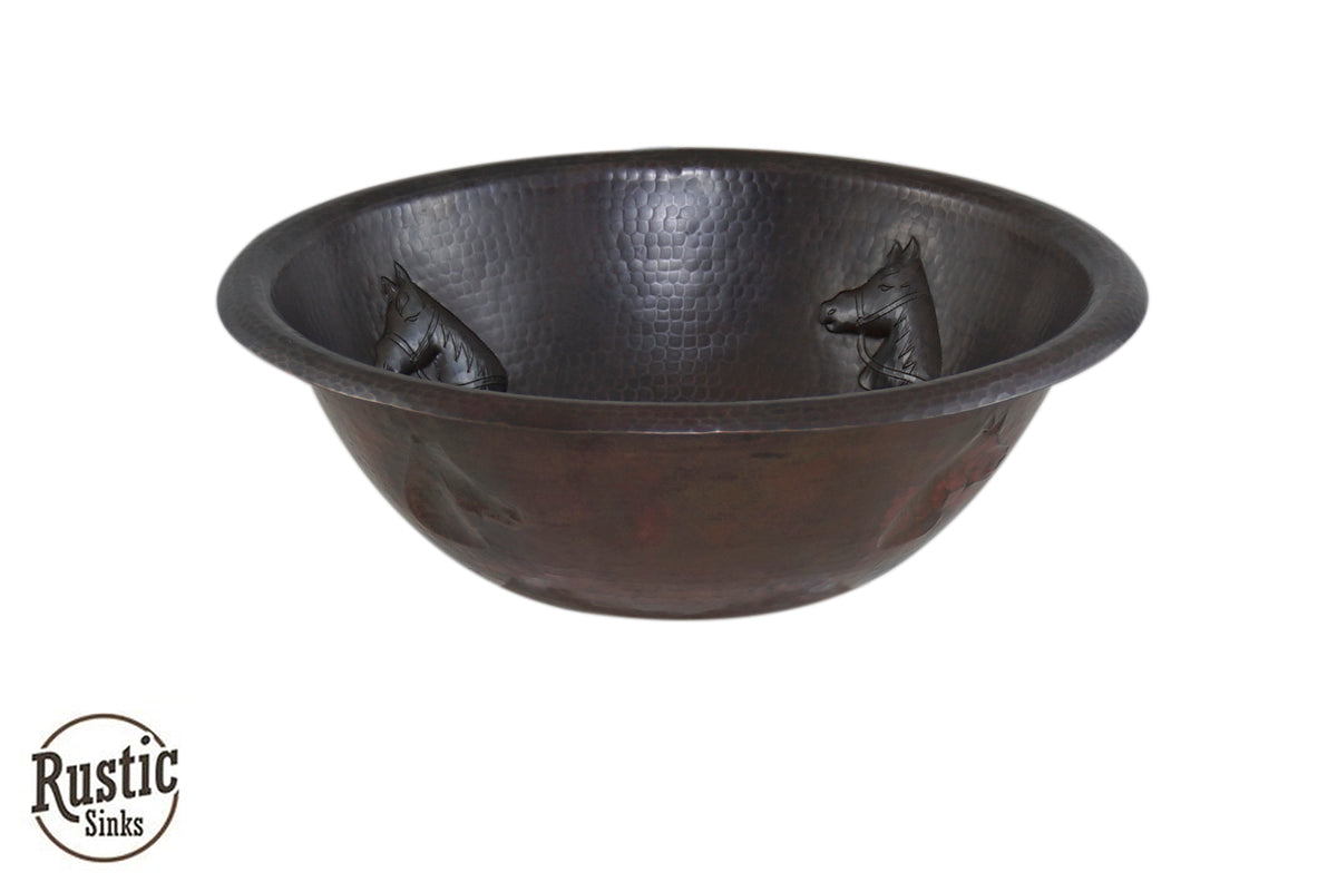 Handmade Round Hammered Copper Farmhouse Sink with Horses Design - Vintage Style Bathroom & Kitchen Sink for Rustic Home Decor, Perfect for Countryside Cabins and Western Themed Interiors