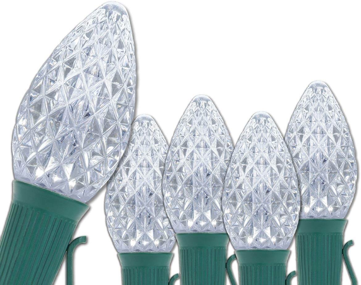 Wintergreen Lighting C7 Opticore Commercial Christmas Lights - 50ft LED String Lights with Cool White Bulbs & Green Wire for Outdoor Holiday Decorations | Perfect for Rooftop, Tree Trimming, and Porch Lighting