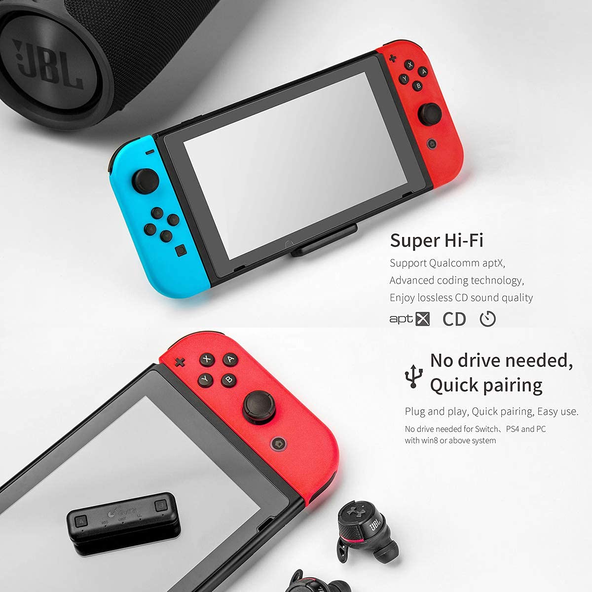GuliKit Route Air Bluetooth Adapter for Nintendo Switch/Switch Lite, PS4, PC - Dual Stream Wireless Audio Transmitter with aptX Low Latency | Compatible with AirPods, Bluetooth Speakers & Headphones (Not for AirPods Pro 2) | Perfect for Gaming, Movies & Music Streaming