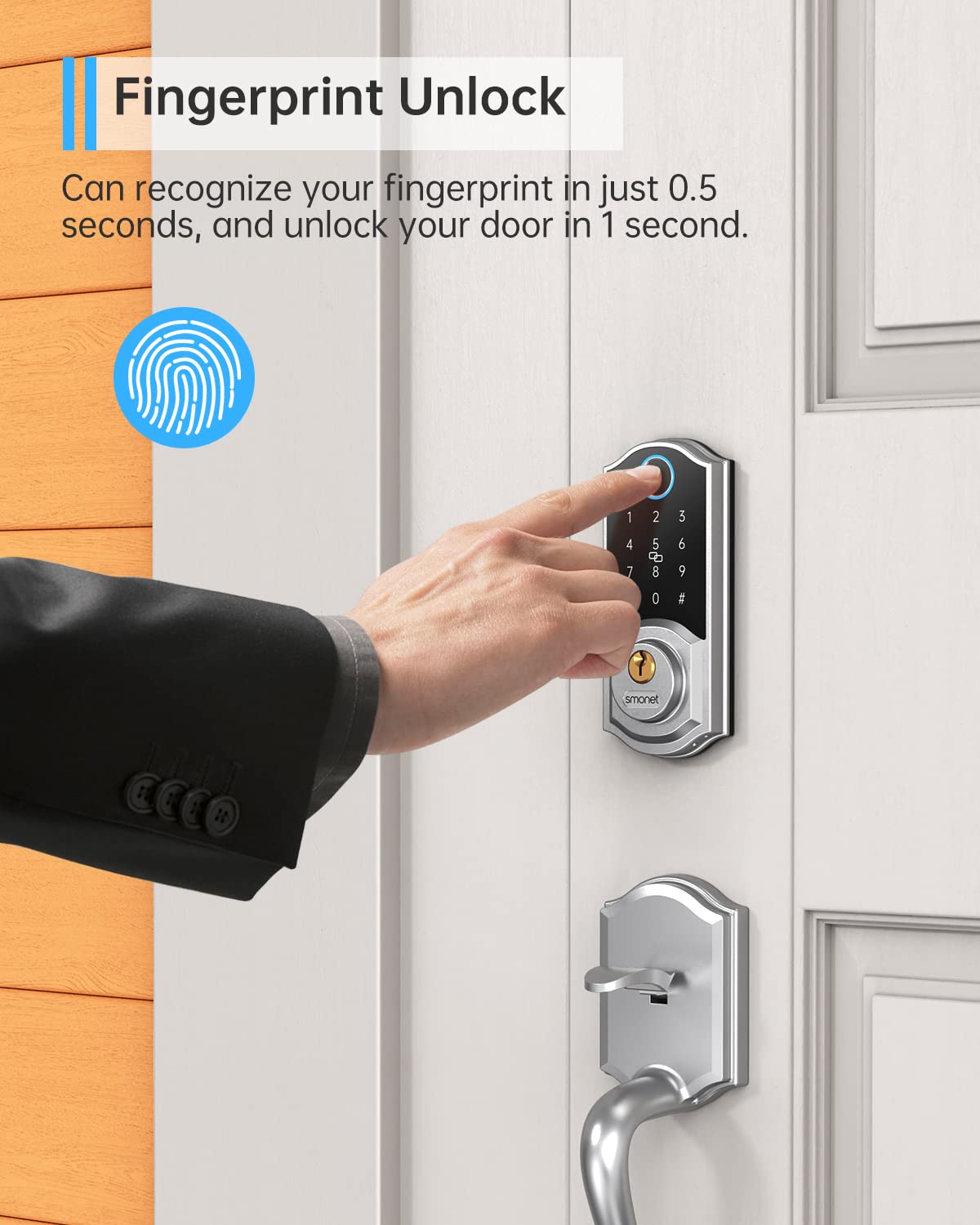 SMONET 8-in-1 Smart Deadbolt Keyless Entry Fingerprint Door Lock - Bluetooth Digital Front Door Lock with App Control & Passcode for Home Security | Perfect for Smart Homes, Apartments & Vacation Rentals
