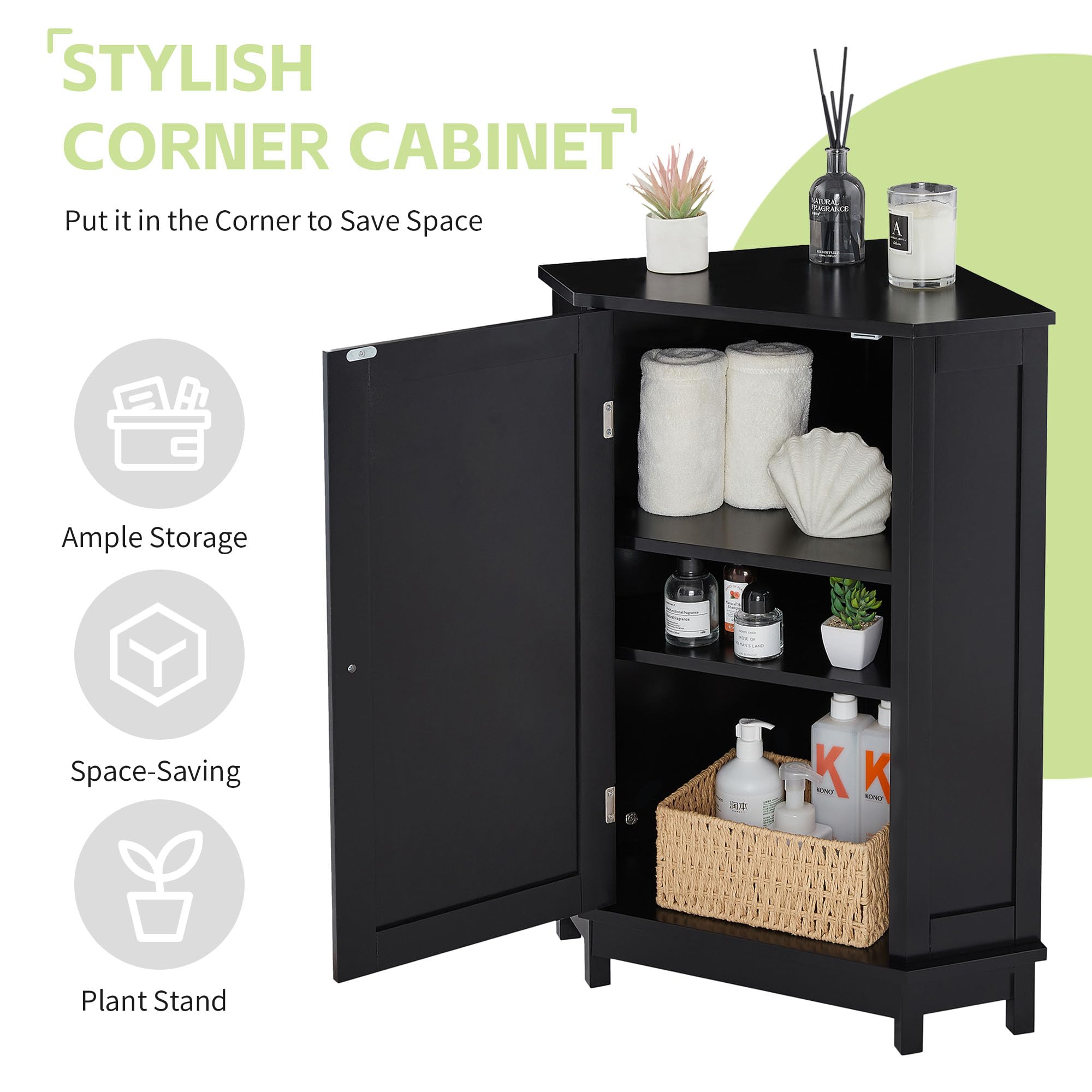 Black Wooden Freestanding Corner Storage Cabinet with Single Door and Shelves - Bathroom, Kitchen, Living Room Organizer for Small Spaces | Home & Office Storage Solution