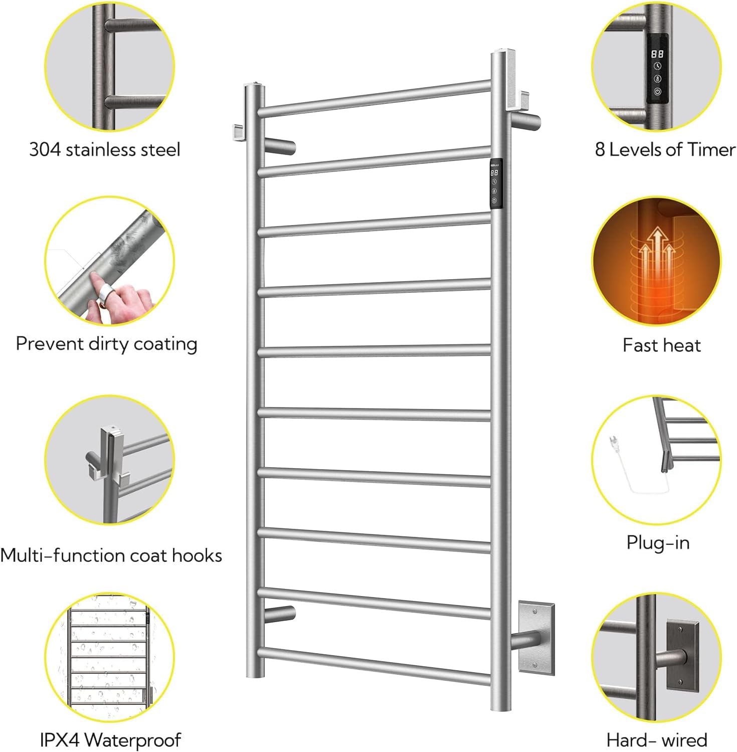 P&Bhusri Electric Heated Towel Rack for Bathroom - Wall Mounted 10-Bar Towel Warmer with Timer & LED Display, Stainless Steel Brushed Finish (Hardwired/Plug-in) - Perfect for Spa, Luxury Bathrooms & Cold Weather Comfort