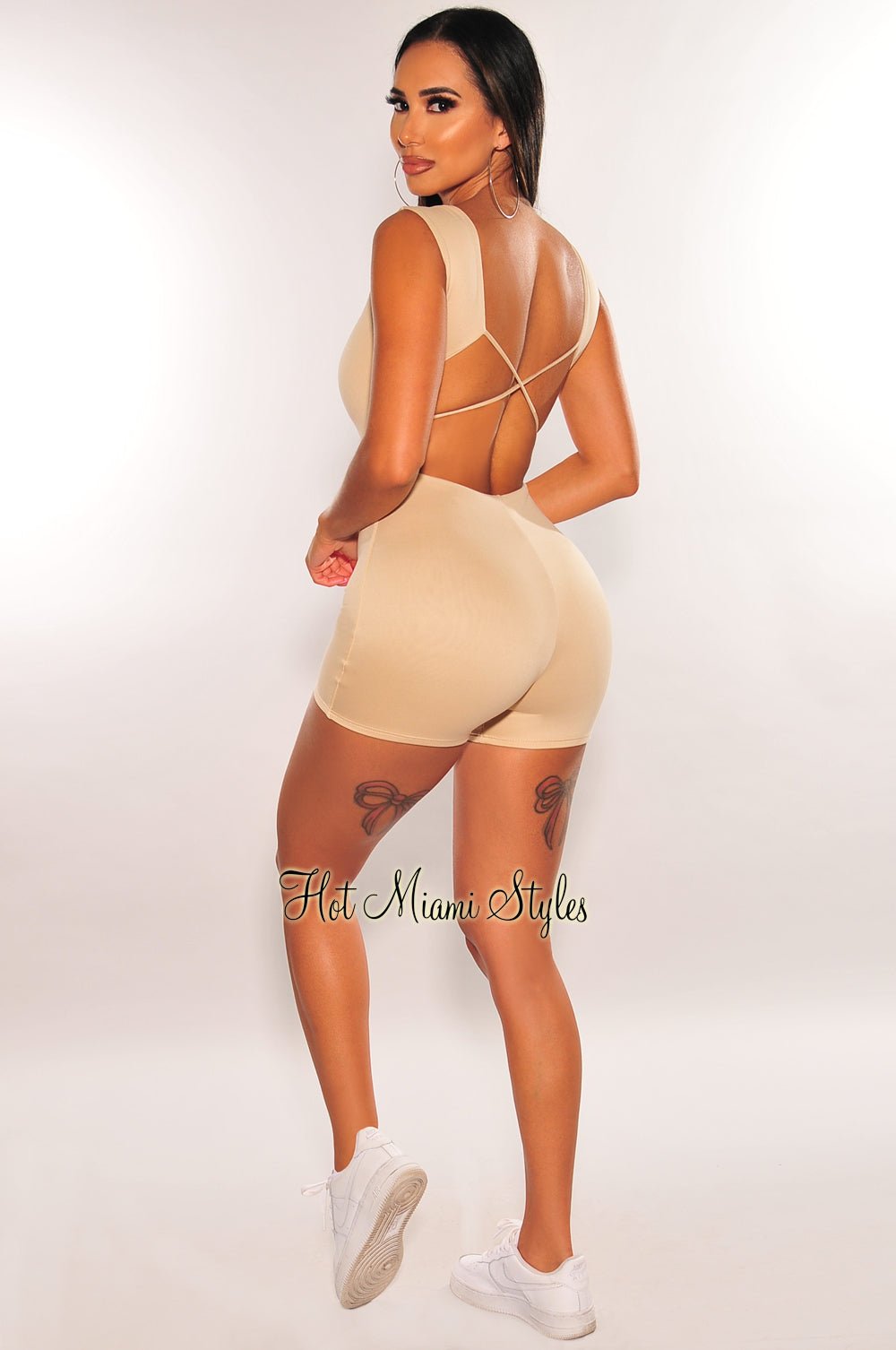 HMS Essential: Nude Sleeveless Criss Cross Open Back Romper Jumpsuit for Women - Summer Casual Outfit, Beach Cover Up, Night Out Party Wear
