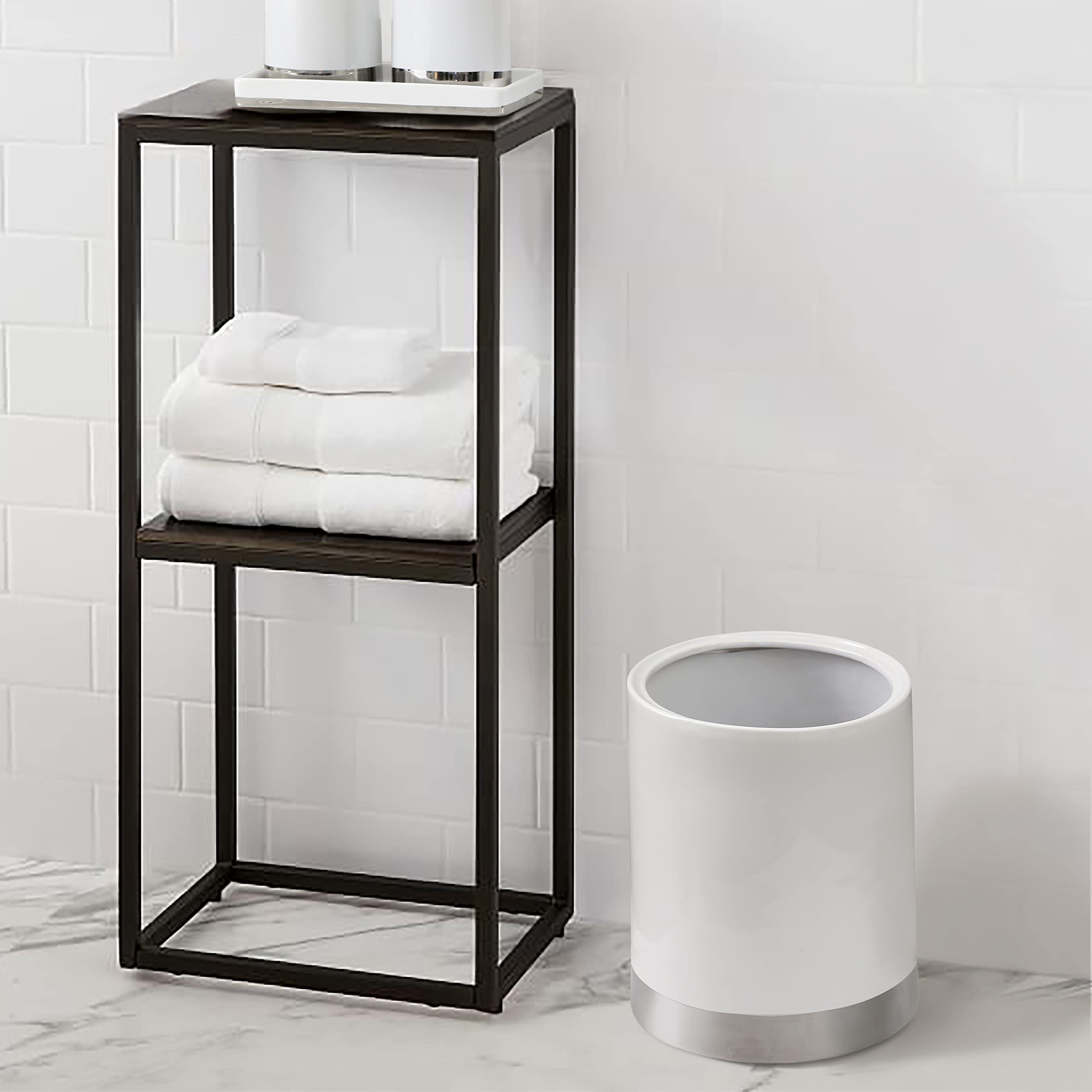 Ceramic Decorative Trash Can for Bathroom - Elegant White & Silver Waste Bin | Perfect for Powder Rooms, Guest Baths & Spa-Style Vanities