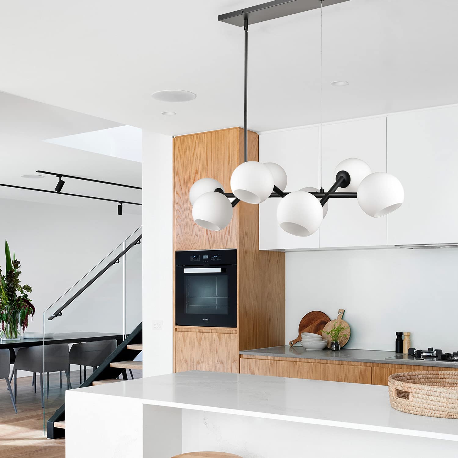 8-Light Black Modern Linear Chandelier - Rectangular Farmhouse Dining Room Light Fixture with Frosted Glass Globes - Perfect for Kitchen Islands, Dining Tables & Contemporary Spaces - UL Listed