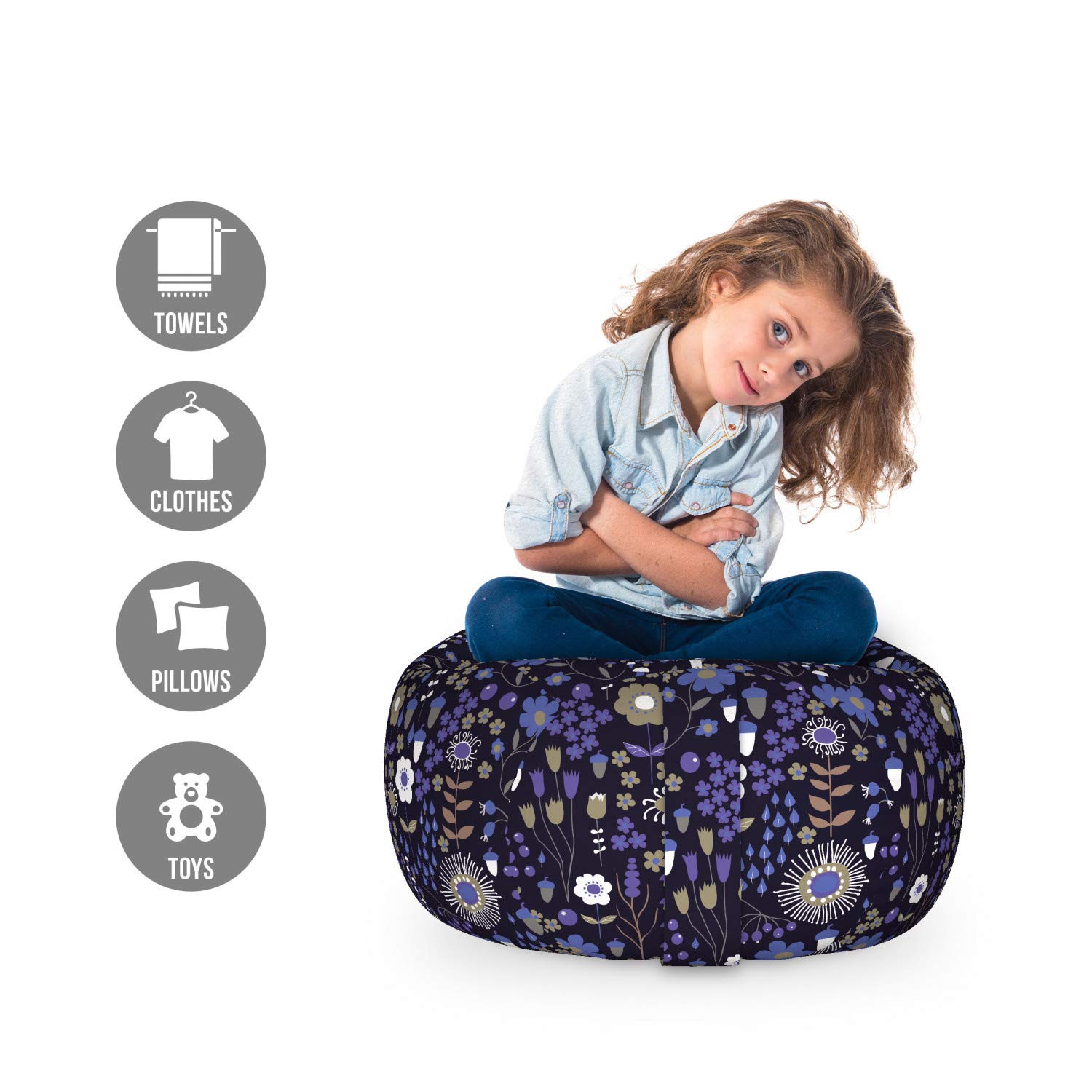 Ambesonne Floral Storage Toy Bag Chair - Eco-Friendly Botanical Flower & Leaf Design, Washable Stuffed Animal Organizer, Small Size in Quartz Cocoa - Perfect for Kids' Room, Nursery, and Playroom Storage