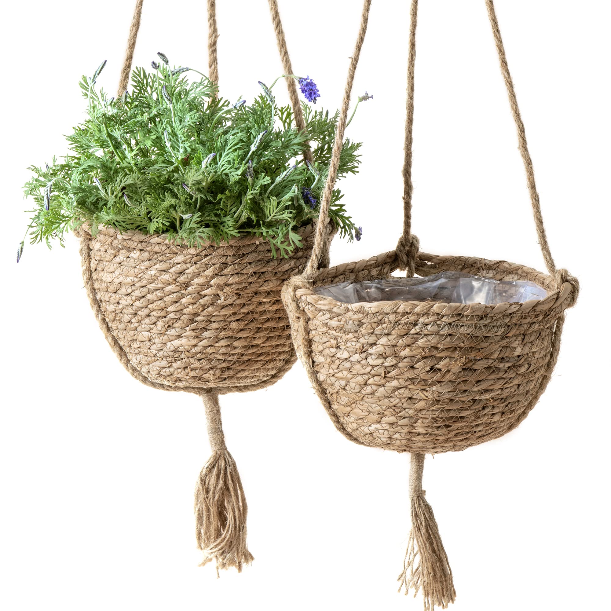 Natural Seagrass Hanging Planter Basket Set - 2 Pack Boho Indoor Plant Pots with Covers (9