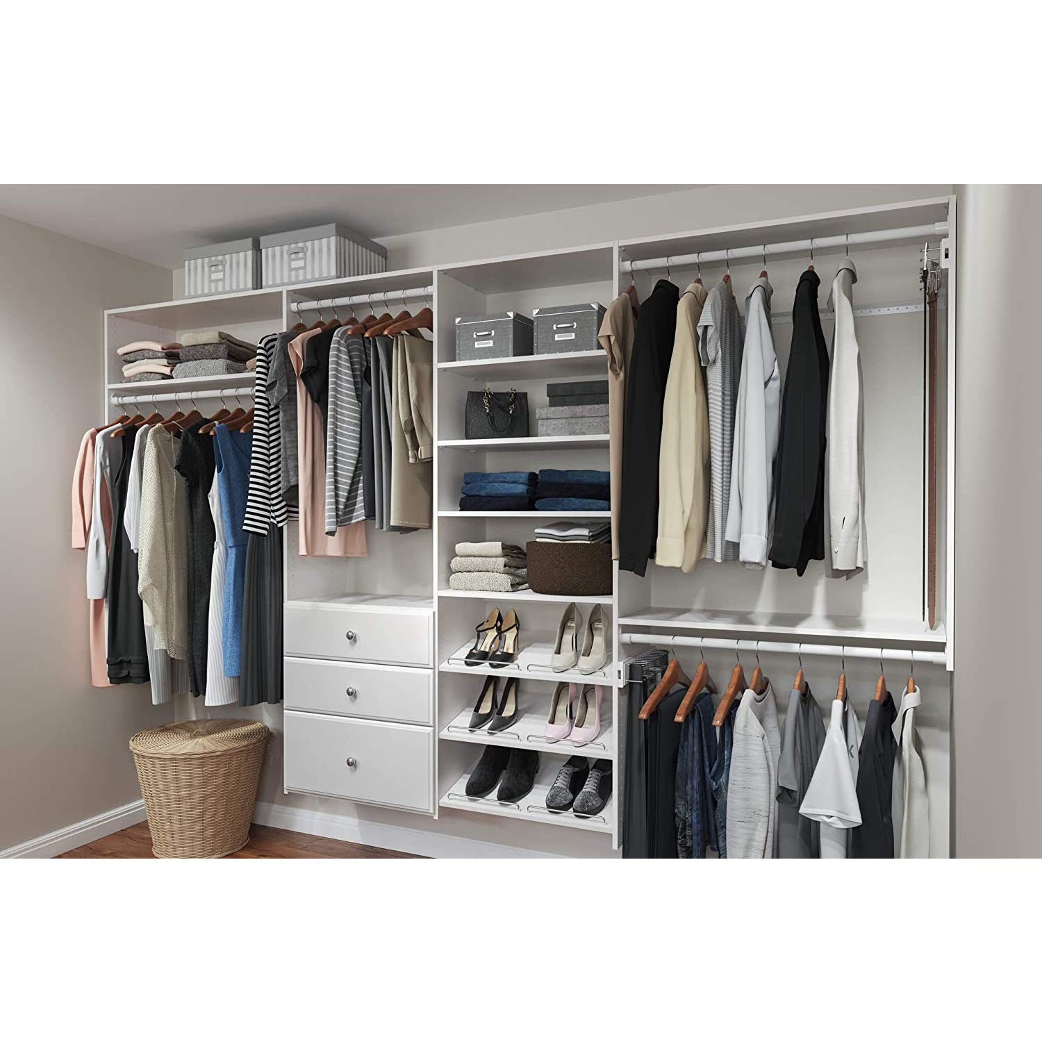 Dual Tower Closet Organizer System with Shelves & Drawers - PH45-WH White Wall Mounted Wardrobe Storage for Bedroom | Easy Installation Hardware Included | Perfect for Small Spaces & Closet Organization