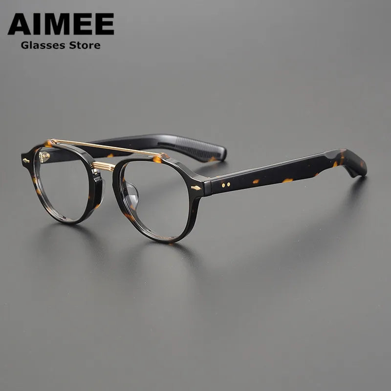 Aimee Unisex Full Rim Round Double Bridge Acetate Titanium Eyeglasses Frame 6818 - Lightweight & Durable Glasses for Work, Reading & Fashion