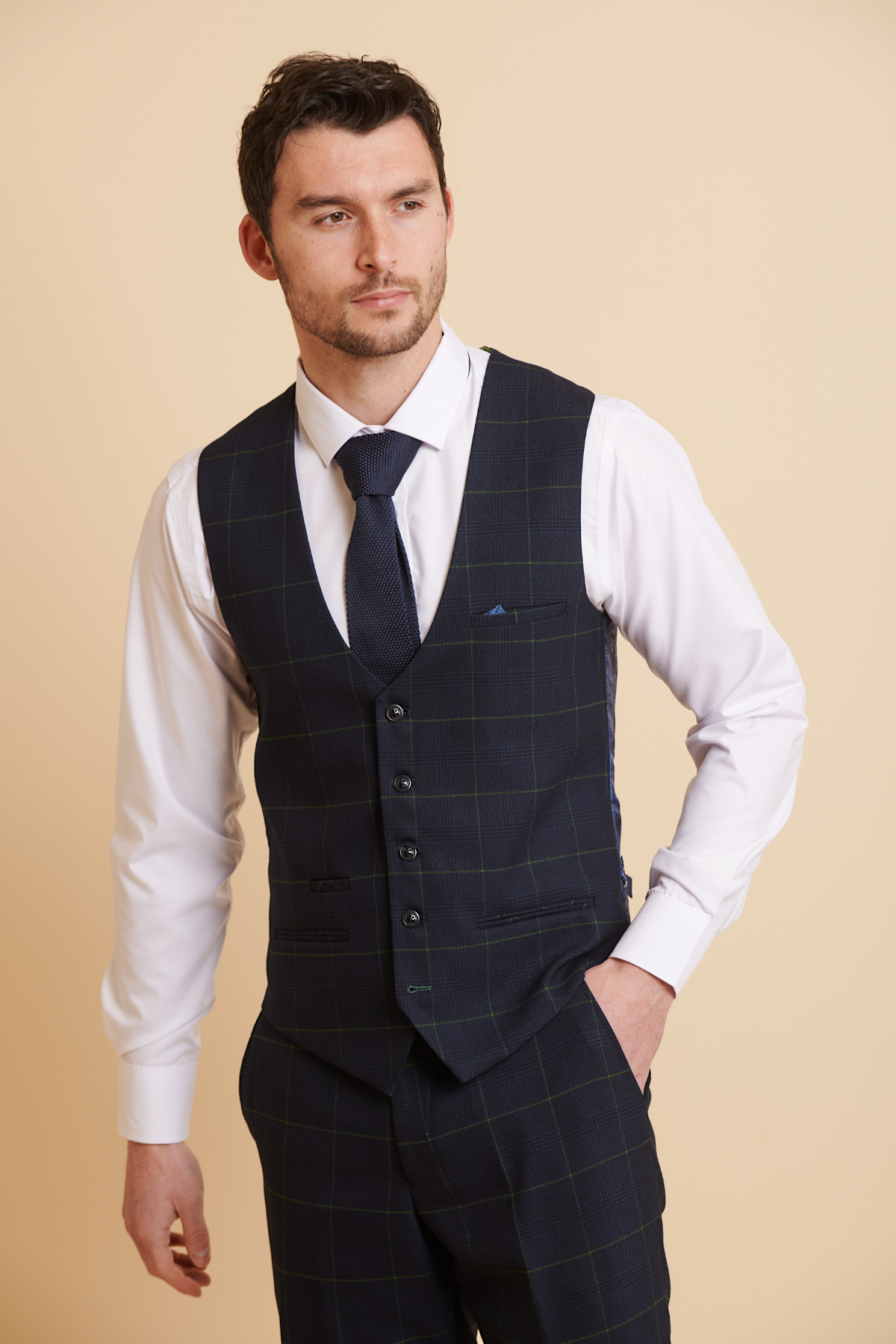EDINSON Men's Navy Green Check Single Breasted Waistcoat Vest - Formal Office Wear & Wedding Suit Accessories
