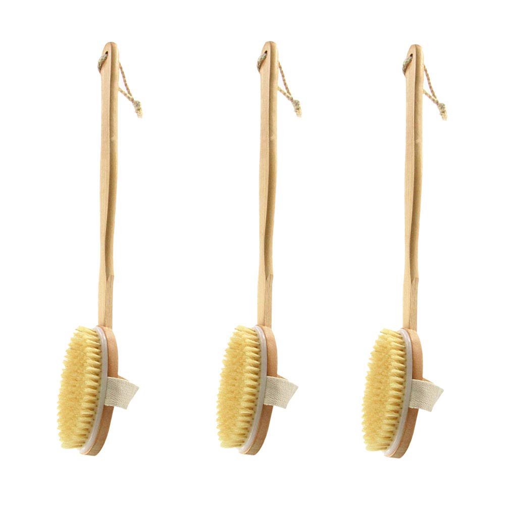 DOITOOL 3-Piece Wooden Bath Brush Set with Long Handle - Exfoliating Shower Brush & Back Scrubber for Deep Cleansing & Massage (Khaki) - Perfect for Spa, Home Bathing & Gift Giving