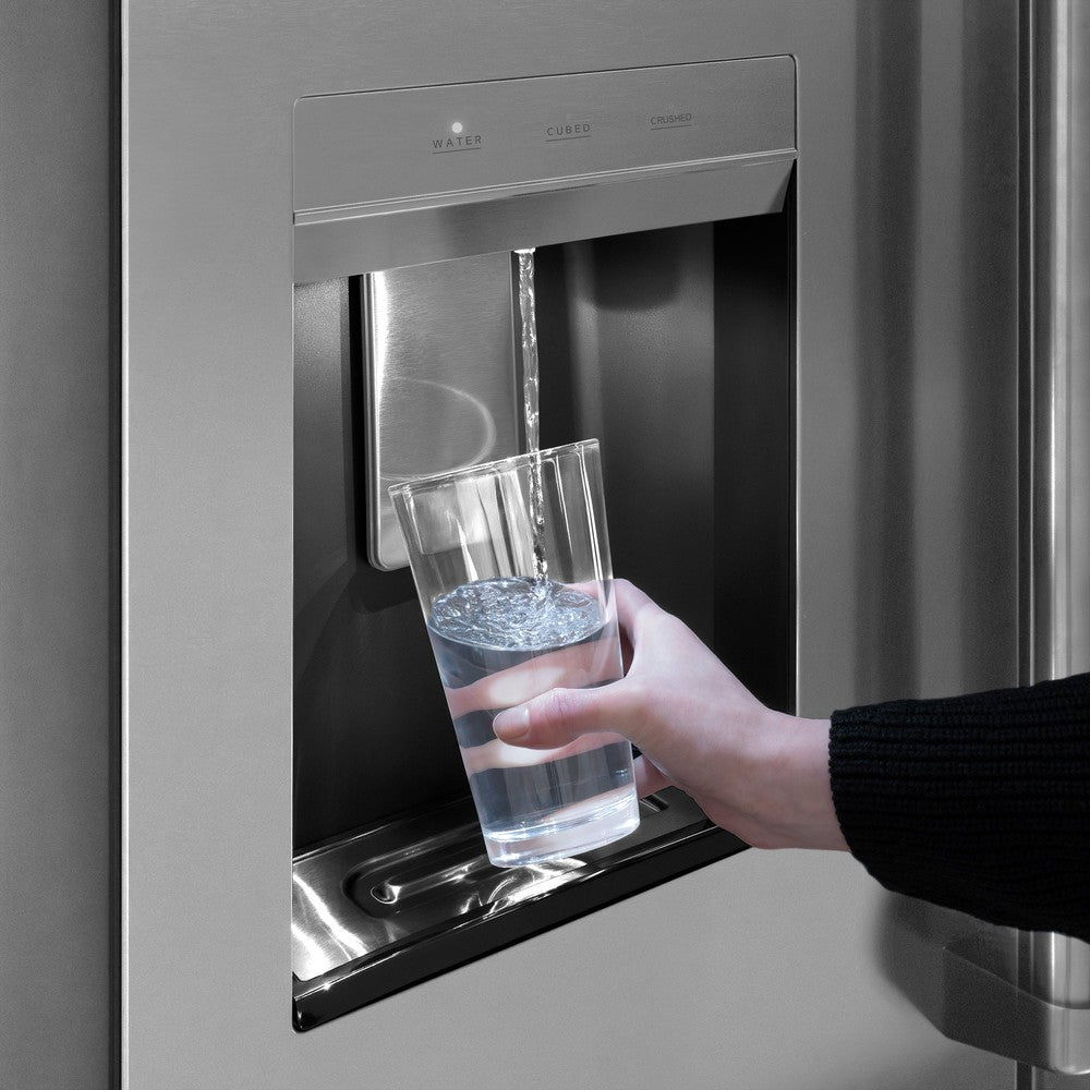 ZLINE Autograph Edition 36 Inch French Door Refrigerator with External Water Dispenser - 28.9 cu. ft. Capacity, Dual Ice Maker, Fingerprint Resistant Stainless Steel & Polished Gold Handles (RSMZ W 36 FG) - Perfect for Modern Kitchens, Entertaining & Large Family Homes