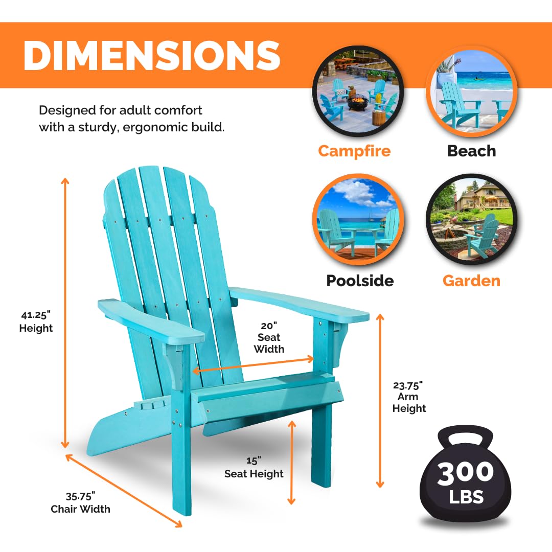 Premium Weather-Resistant Poly Lumber Adirondack Chair - 300 lb Capacity Outdoor Patio Furniture for Porch, Deck & Poolside - Durable Plastic Adirondack Chairs in Traditional Blue - Perfect for Backyard Relaxation, Garden Lounging & Outdoor Entertaining