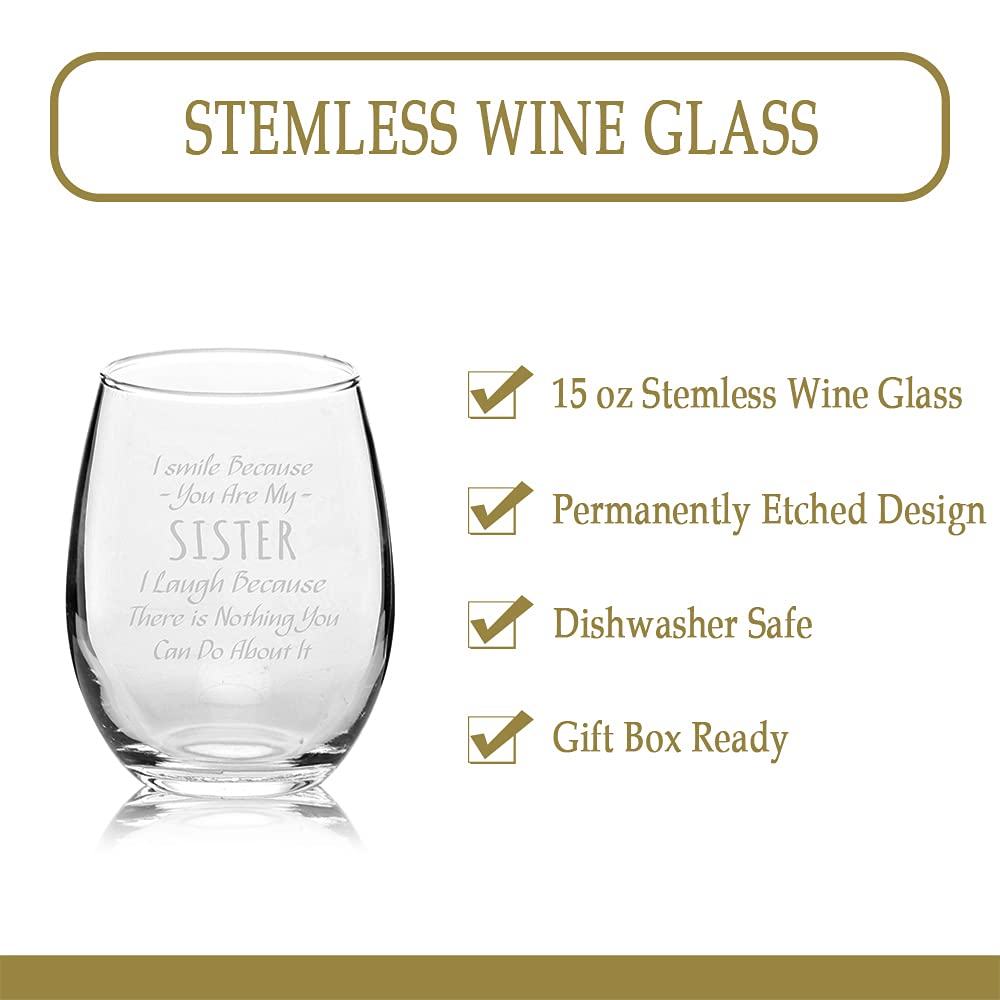 Veracco Stemless Wine Glass - Funny Birthday Gift for Sister - 'I Smile Because You Are My Sister' Quote - Clear Glass Cup for Wine, Cocktails & Celebrations - Perfect for Birthdays, Sister Day & Family Gatherings