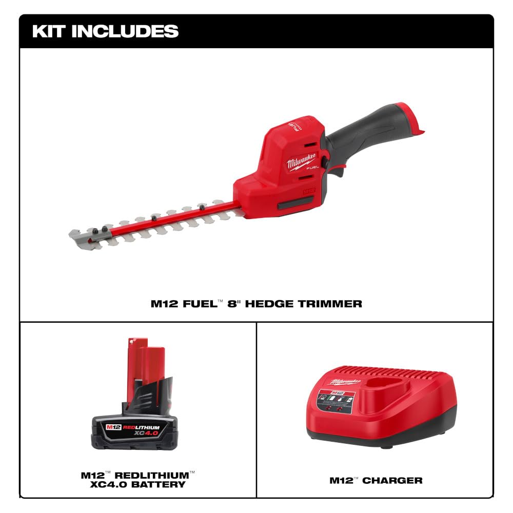 Milwaukee 2533-21 M12 8-Inch 12V Brushless Cordless Hedge Trimmer Kit with 4.0Ah Battery & Charger - Lightweight Electric Shrub Trimmer for Home Garden Landscaping & Yard Maintenance (Red)