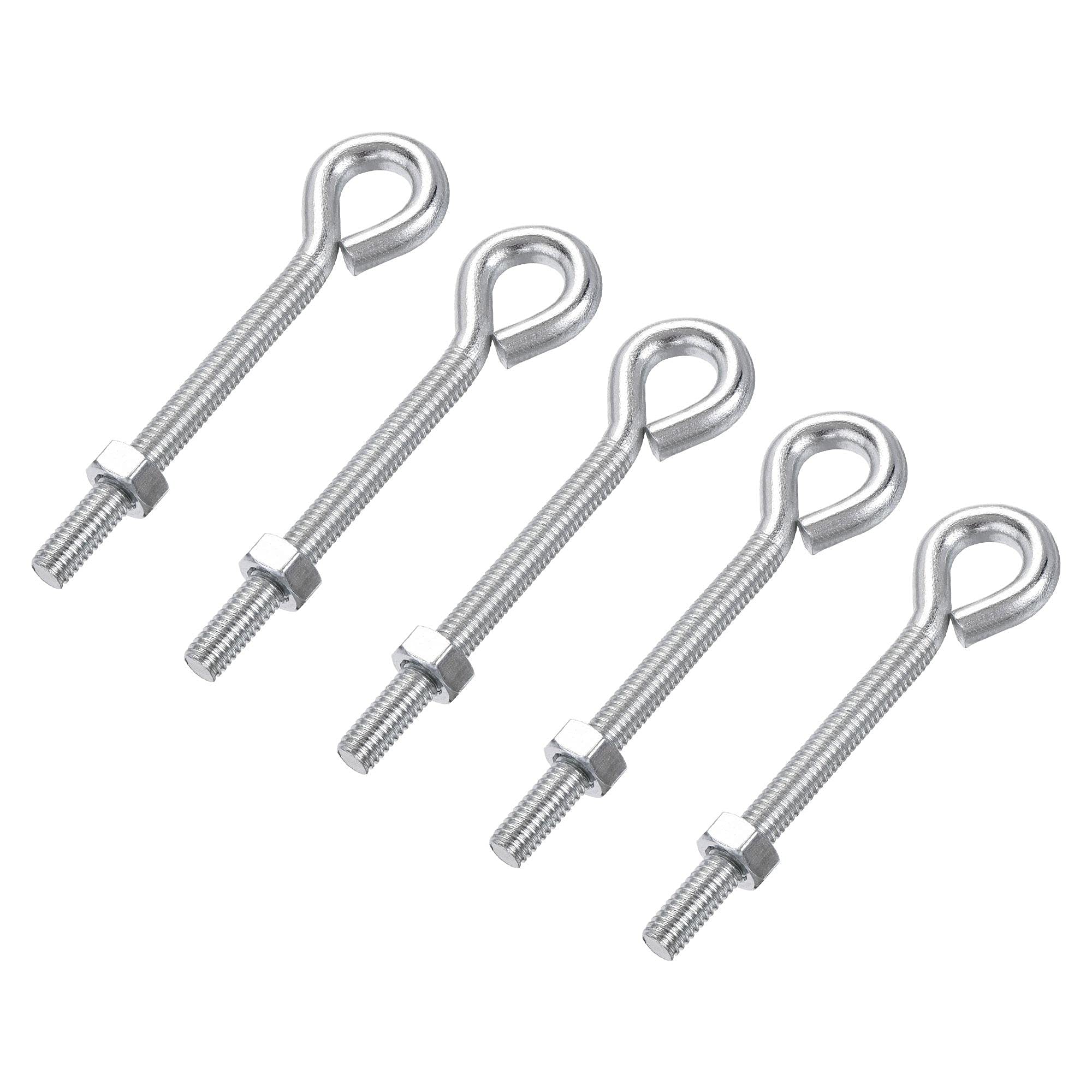 uxcell M6x60mm Eye Hooks Screws Bolts Kit - 5pcs Carbon Steel Hanger Eyelet Hooks with Hex Nuts for Metal Hook & Wood Terminal Ring Hooks - Perfect for Hanging Plants, Lights, and Heavy Duty Storage