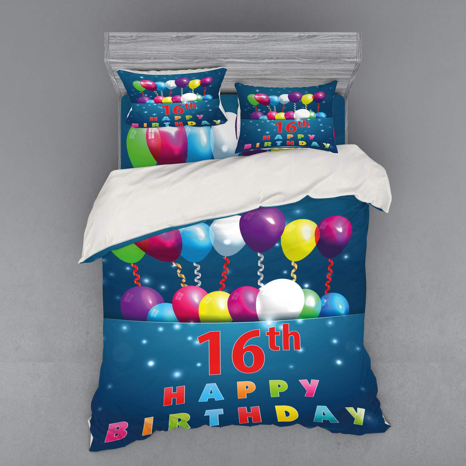 Ambesonne 16th Birthday Duvet Cover Set - 16th Theme Teenage Party Balloons Celebration Design, 4-Piece Queen Size Bedding Set with Pillow Shams & Fitted Sheet, Multicolor - Perfect for Sweet 16 Parties, Teen Bedrooms & Birthday Gift Ideas