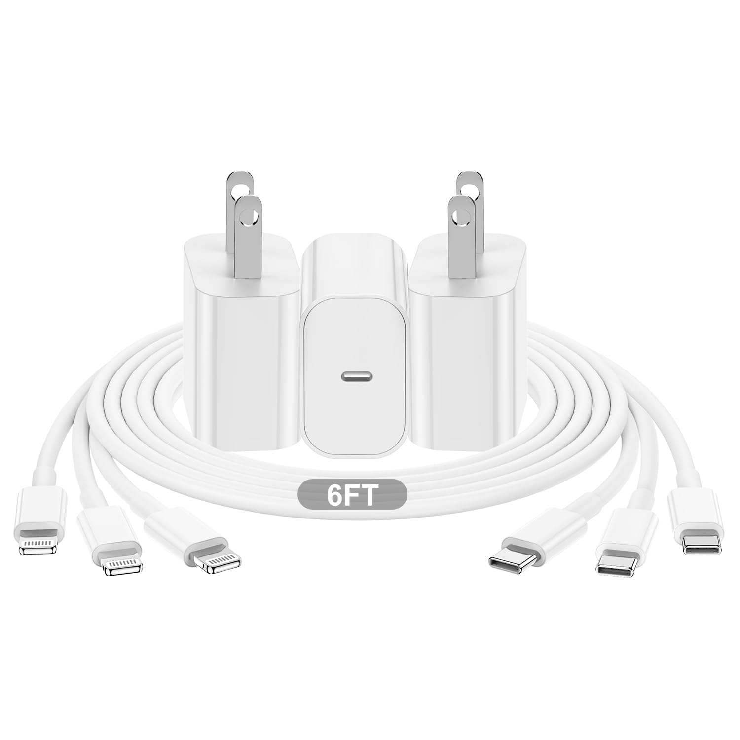 3-Pack MFi Certified iPhone Fast Charger Set - 20W USB C Wall Charger & 6ft USB-C to Lightning Cable - Compatible with iPhone 14/13/12/11 Pro Max & iPad - Perfect for Home, Office & Travel Charging