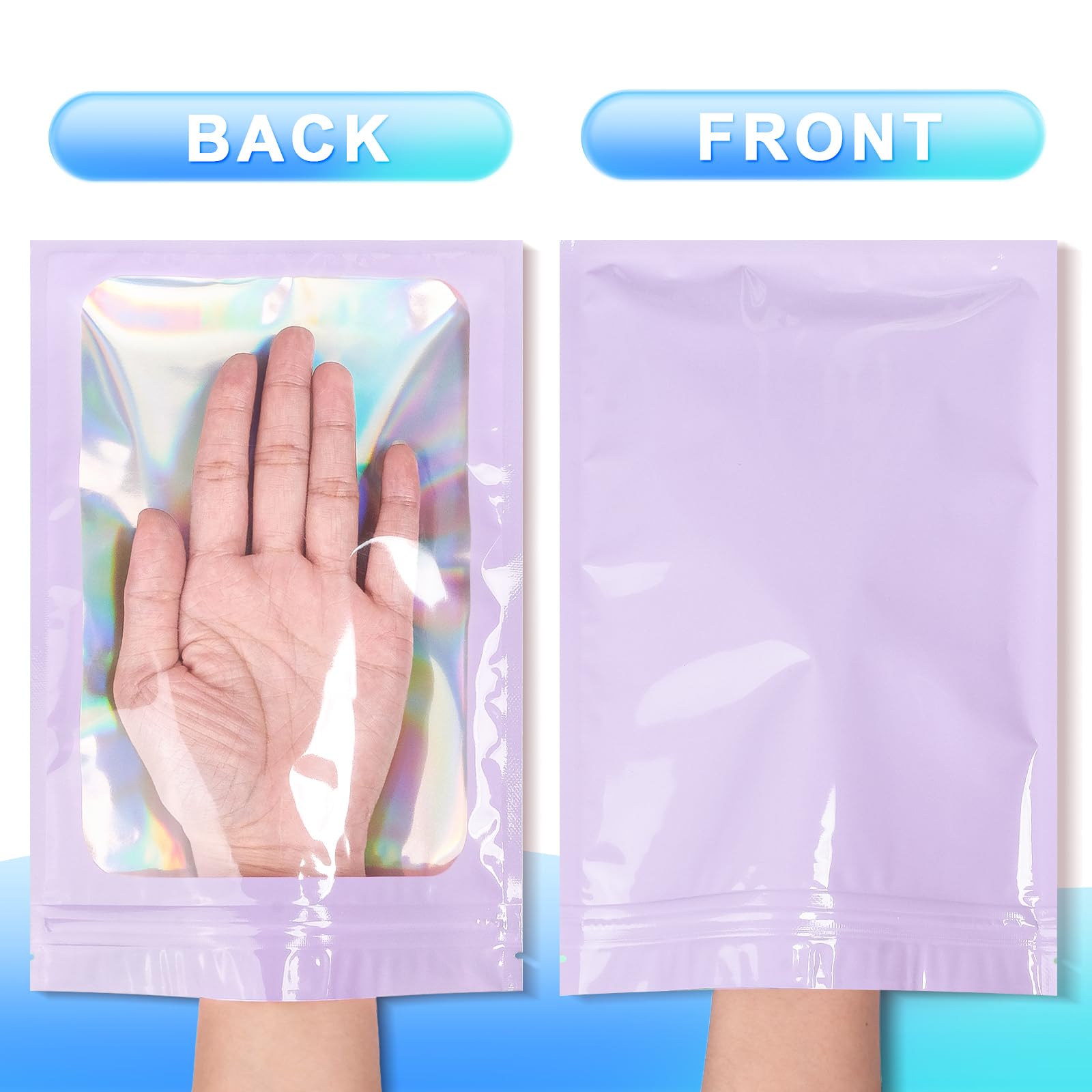 100 Pack Smell Proof Resealable Mylar Bags with Clear Window - Holographic Storage Pouch for Food, Eyelash, Jewelry & Electronics (Purple, 3.5