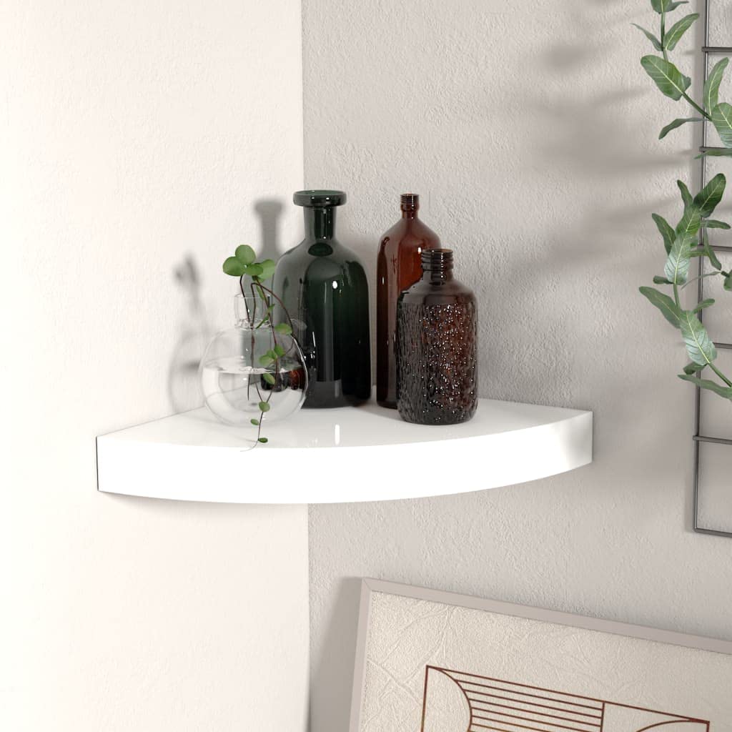Floating Corner Shelf - White High Gloss MDF Wall Mounted Storage (9.8