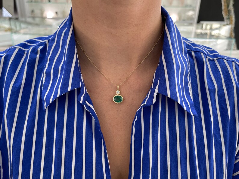 3.70tcw Rich Dark Green Oval Emerald & Brilliant Round Diamond Accent Pendant in 14K Gold - Elegant Jewelry Gift for Women, Perfect for Weddings, Anniversaries & Special Occasions