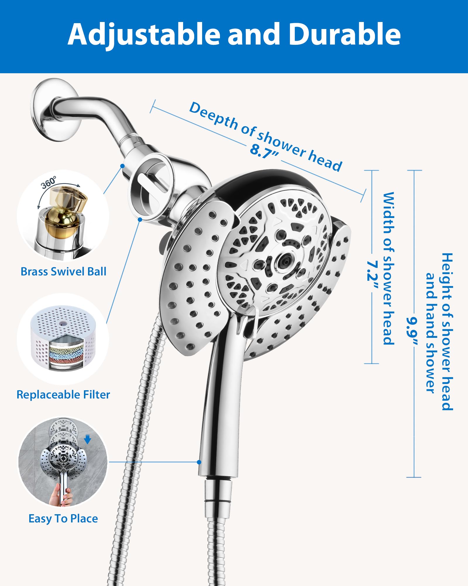 2-in-1 Filtered Shower Head with Handheld - 10 Mode Adjustable Rainfall & Massage Spray Showerhead System for Relaxing Bath & Spa Experience - Perfect for Bathroom Renovation & Water Saving