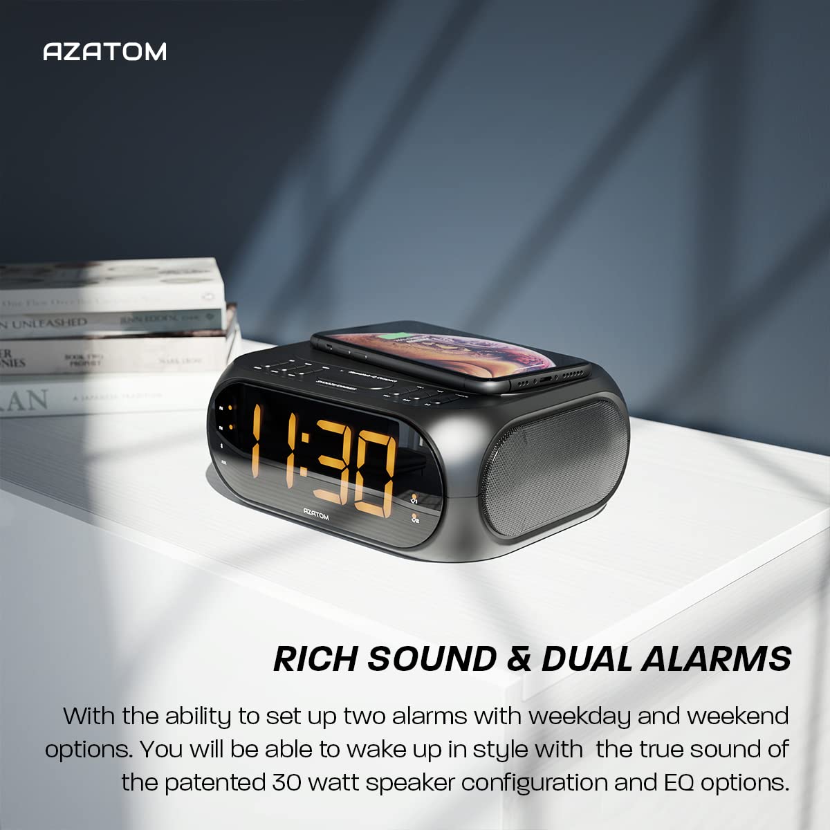 AZATOM Homehub Compact Bluetooth Alarm Clock with QI Wireless Fast Charger for iPhone & Android - Bedside Nightstand, Office Desk, Travel (Black)