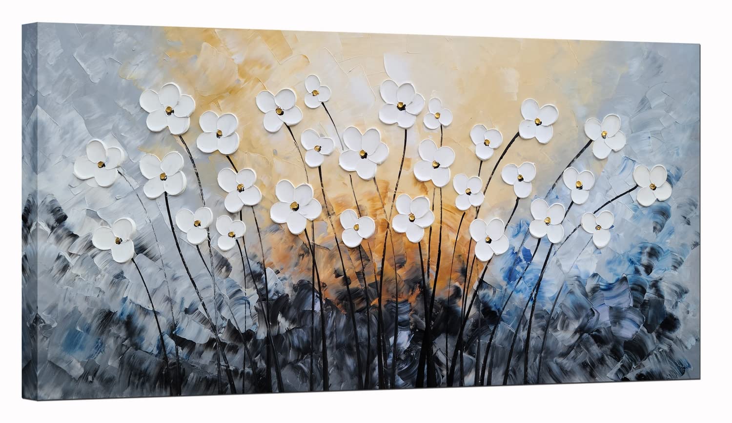 SYGALLERIER White Flower Canvas Wall Art - Hand Painted 3D Oil Painting for Living Room, Farmhouse & Dining Room Decor - Black & Blue Floral Picture - Perfect for Home, Office & Wedding Decorations