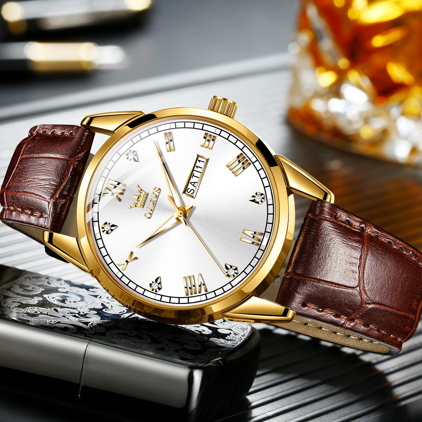 OLEVS Men's Brown Leather Watch - Rose Gold Quartz, Waterproof for Daily Wear & Dress Occasions