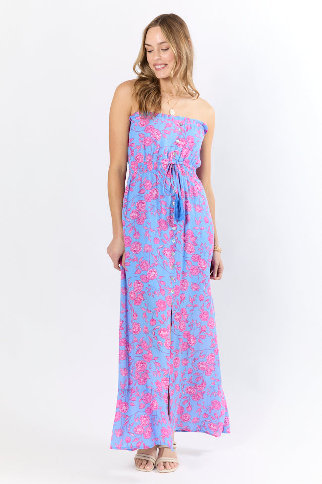 Floral Print Strapless Maxi Dress - Blue & Pink Summer Beach Dress for Women | Perfect for Vacations, Weddings & Outdoor Parties