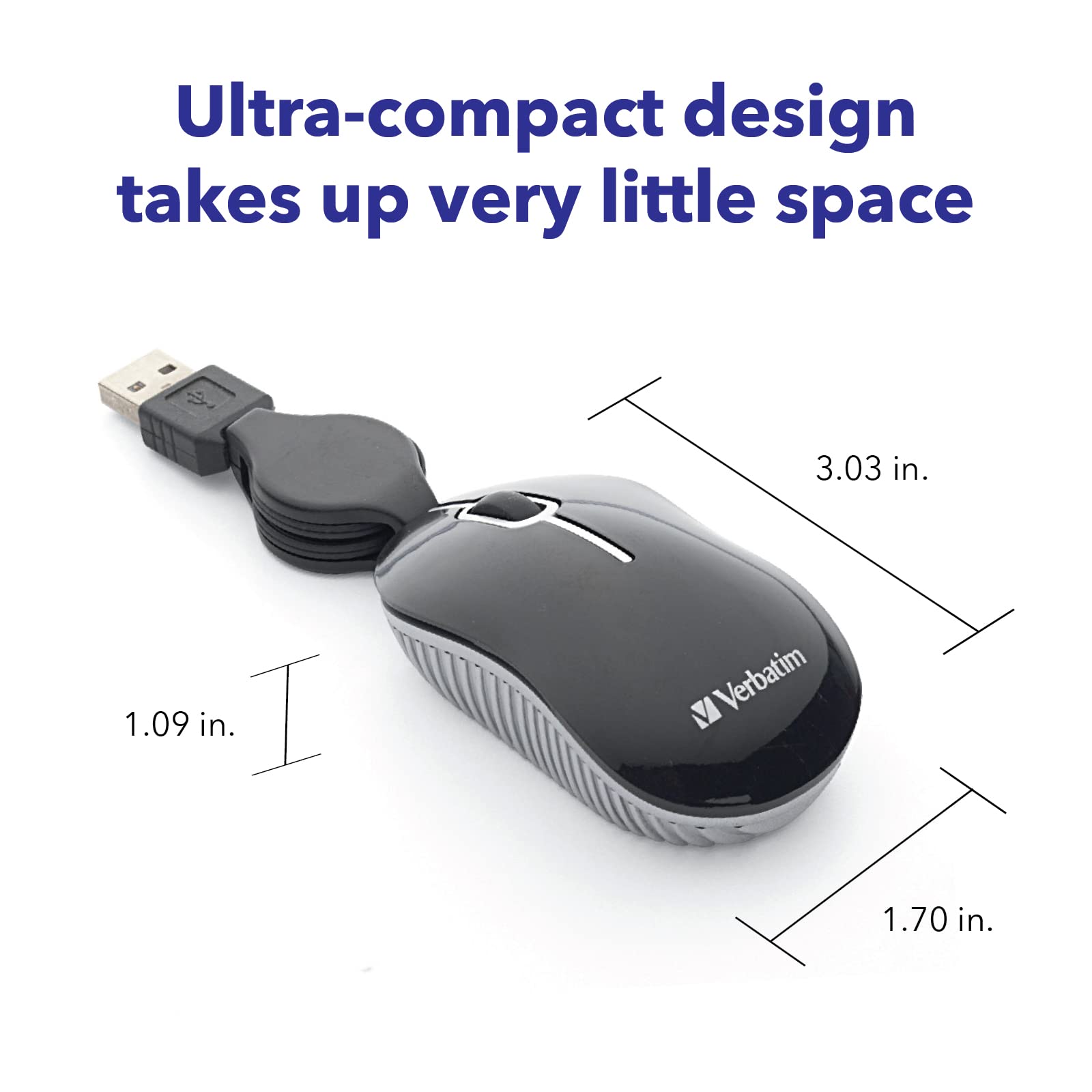 Verbatim Wired Optical USB-A Mini Mouse - Plug & Play Compact Travel Mouse with Retractable Cable for Laptop & PC (Black 98113) - Perfect for Office, Home & On-the-Go Use
