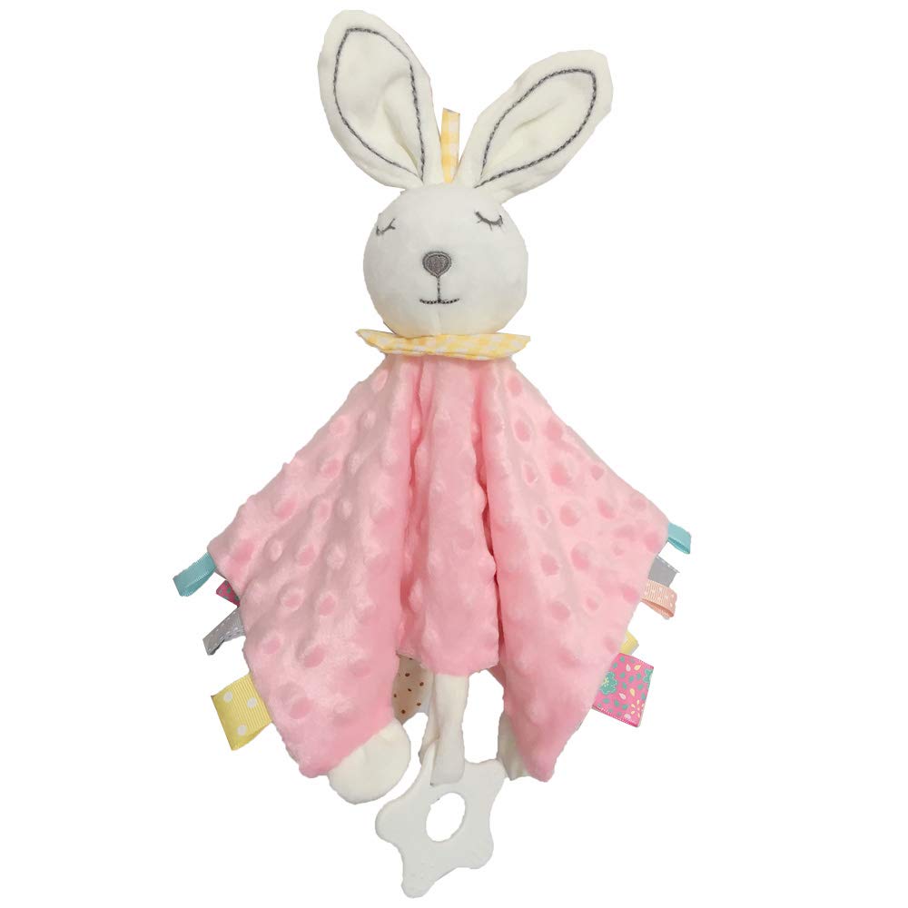 **Pink Bunny Security Blanket - Ultra Soft Baby Lovey Blanket with Stuffed Animal & Colorful Satin Tags - Perfect Newborn Gift for Snuggling, Comfort, and Sleep**    *(Ideal for Nursery, Travel, and Soothing Fussy Babies)*