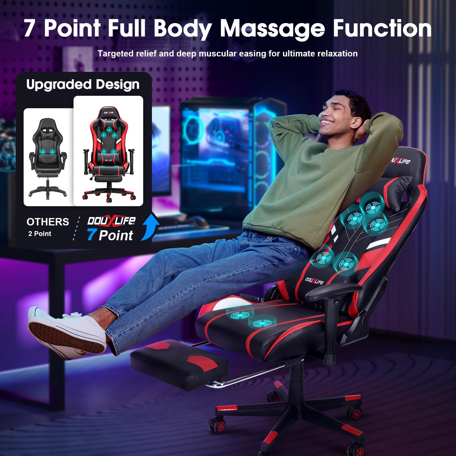 7-Point Massage Gaming Chair with Footrest - 175° Reclining Ergonomic Office Computer Chair, High Back Video Game Chair with Lumbar Support (Red) - Perfect for Home Office, Gaming Setup & Relaxation
