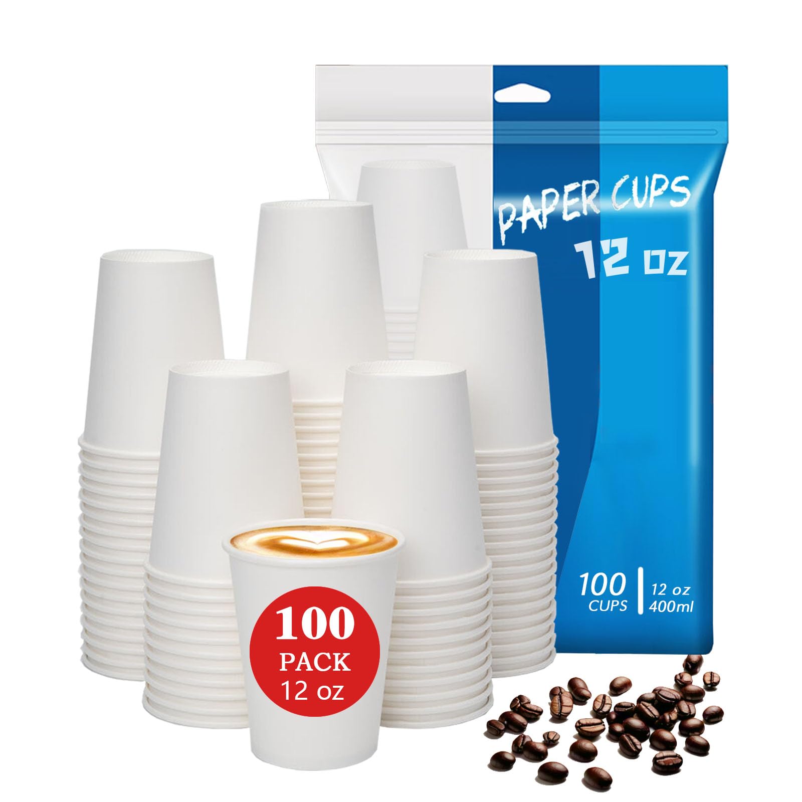 100 Count 12 oz Disposable Paper Cups - Leak-Proof Hot & Cold Drink Cups for Coffee, Tea, and Beverages - Ideal for Office, Cafes, Parties, and Takeout