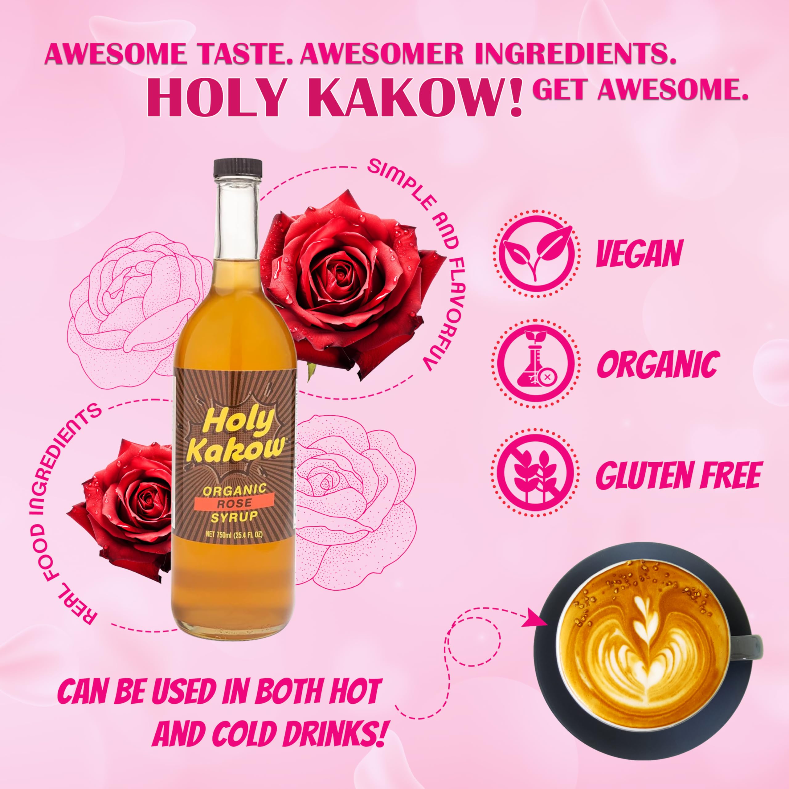 Holy Kakow Organic Rose Syrup for Coffee, Lattes, Cocktails & Shakes - 750ml | Natural Flavor Enhancer for Beverages, Baking & Desserts | USDA Certified Organic, Real Food Ingredients