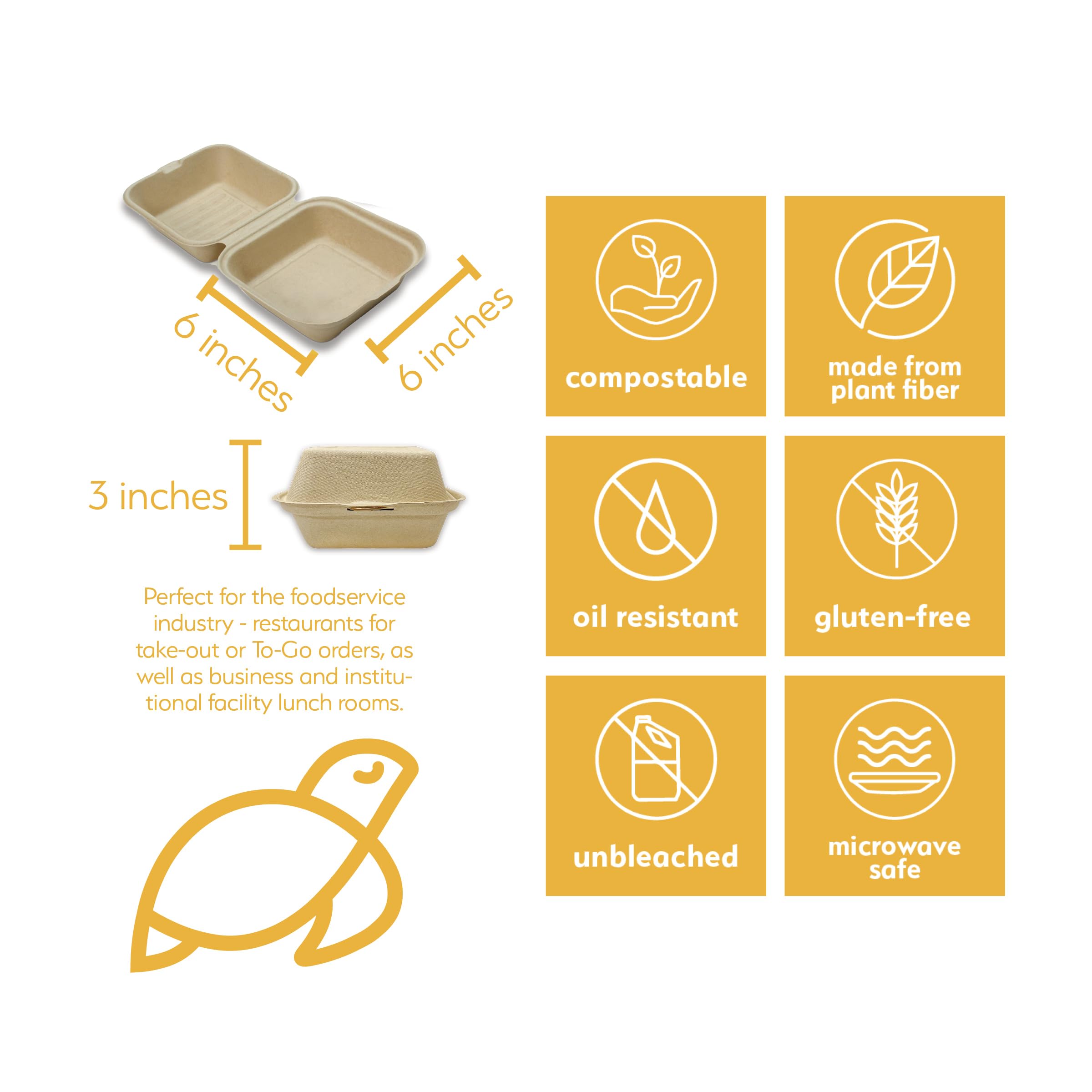 Eco-Friendly 6x6 Inch Compostable Food Containers with Lids - 500 Pack Biodegradable Takeout Boxes for Restaurants, Catering & Meal Prep | Heavy-Duty Unbleached Disposable Containers by Earth's Natural Alternative