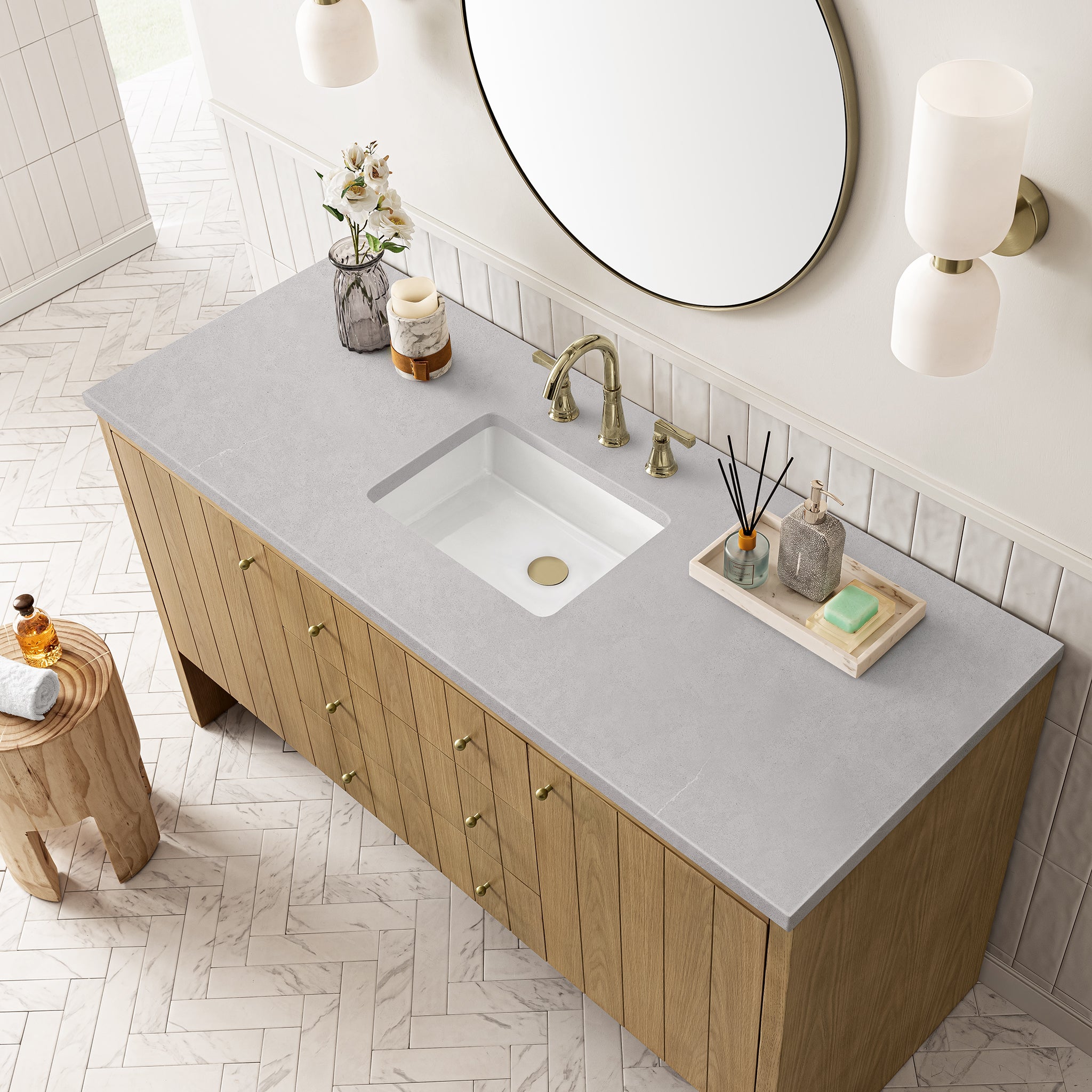 Hudson 60 Inch Single Bathroom Vanity with Light Natural Oak Finish & 3CM Eternal Serena Stone Top - Perfect for Modern Master Bathrooms and Powder Rooms