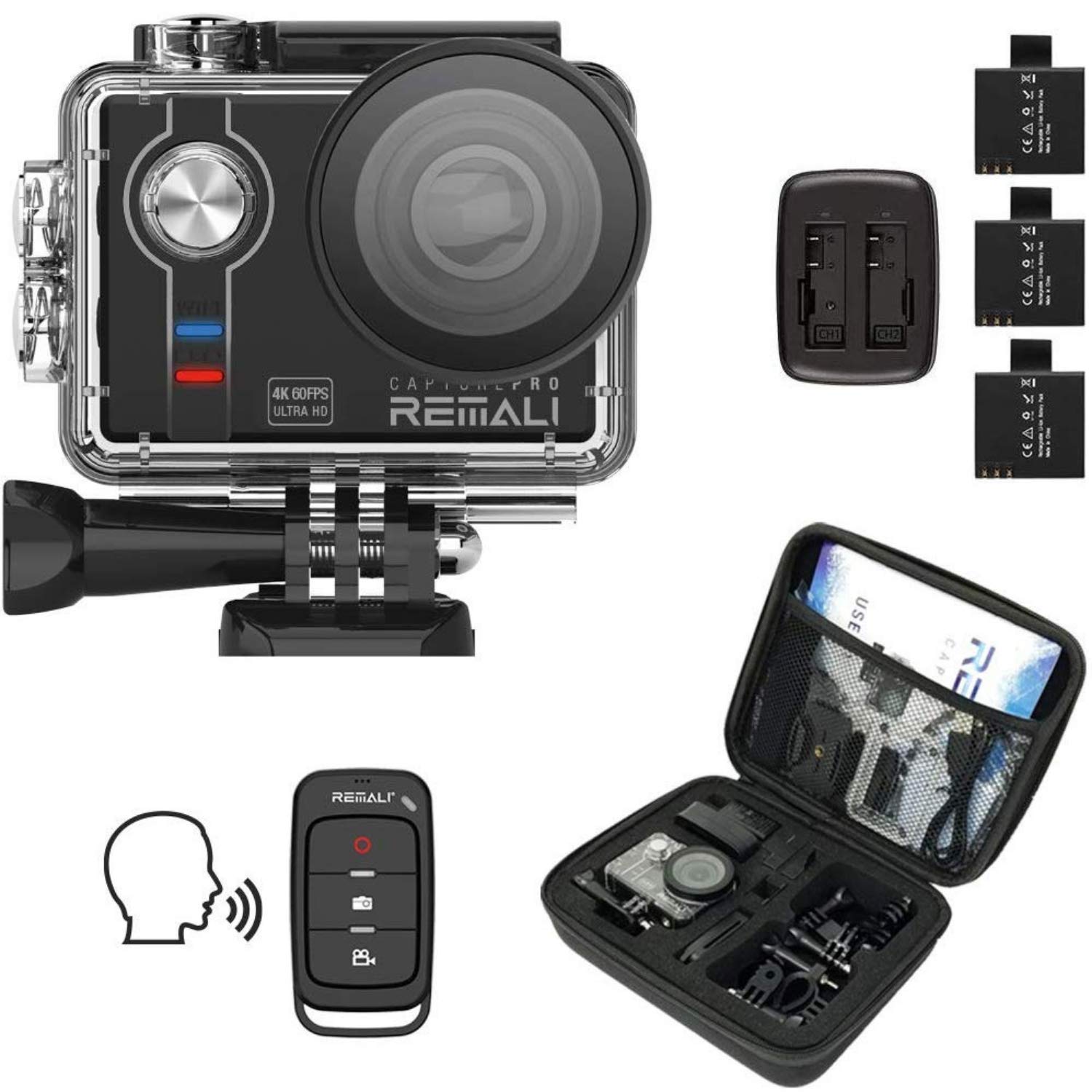 REMALI CapturePro 4K/60fps 20MP Waterproof Sports Action Camera Kit - WiFi, 2