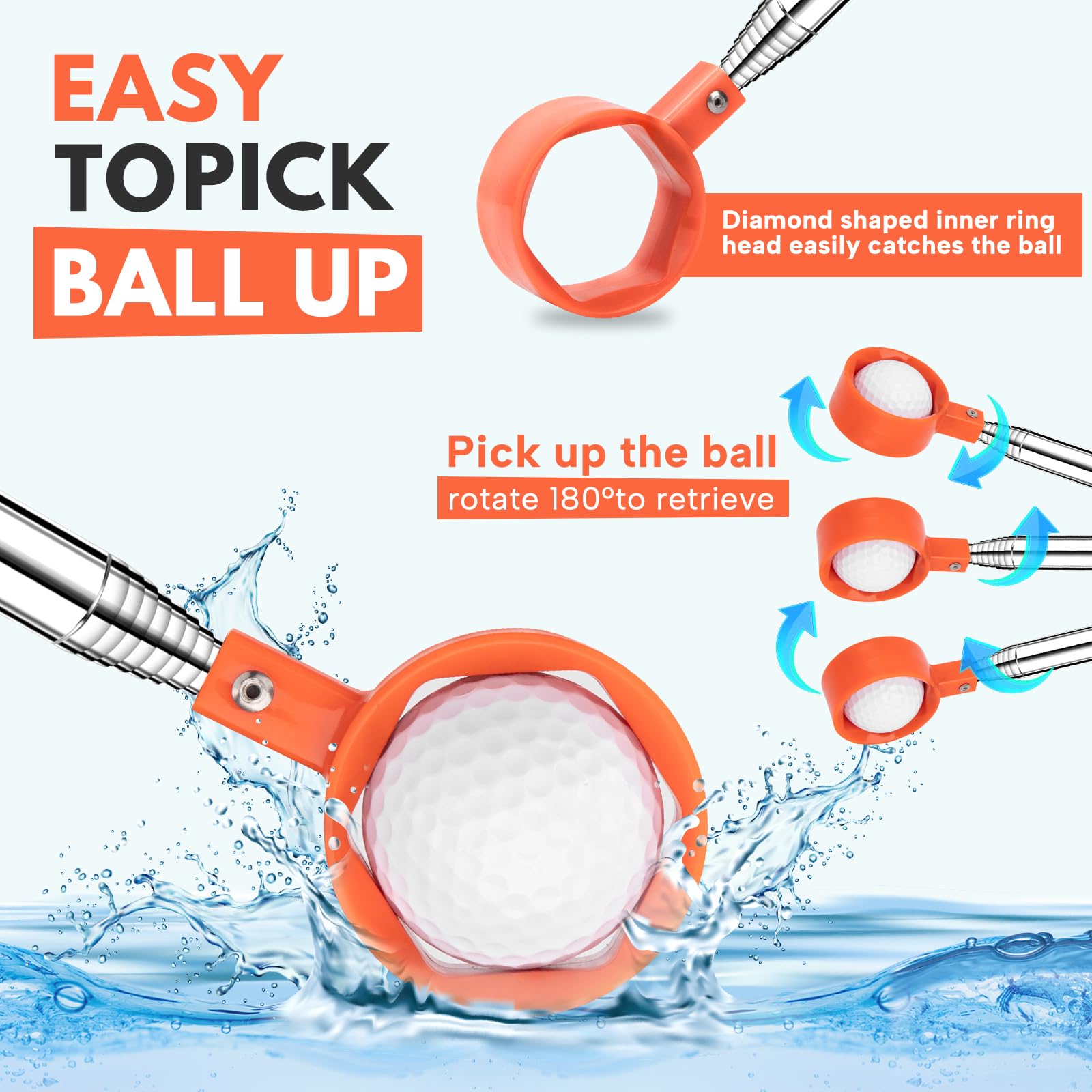 Montela Telescopic Golf Ball Retriever 9-12FT - Lightweight Aluminum Alloy Golf Ball Grabber for Water Hazards - Extendable Golf Accessory for Men - Perfect for Pond, Lake & Course Retrieval