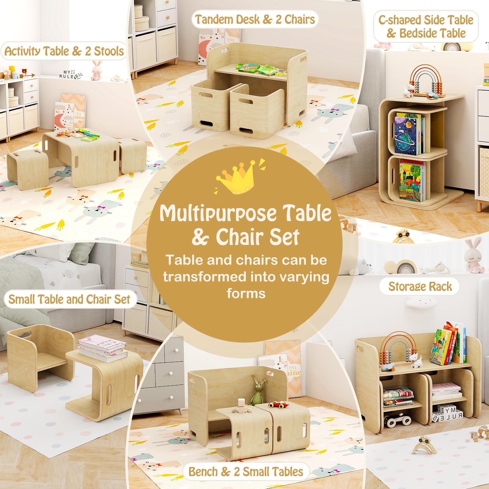 Costzon Kids Table and Chair Set - 4-in-1 Wooden Activity Table with Bench, Storage Shelves & Desk for Toddlers | Perfect for Reading, Arts & Crafts, Snack Time & Playroom | Fully Assembled Natural Wood Children's Furniture | Ideal for Preschool Learning, Playdates & Home Schooling