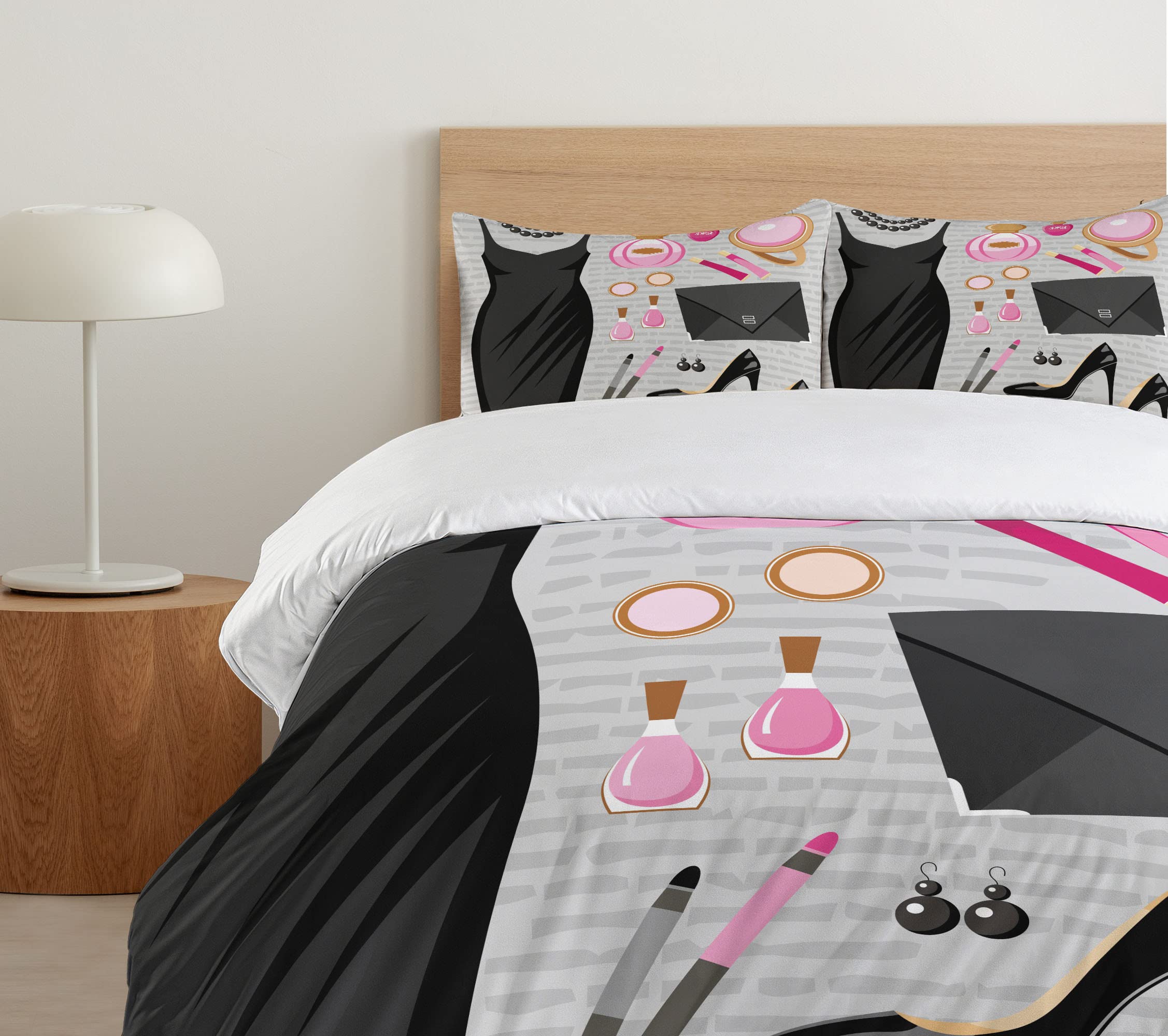 Ambesonne 3-Piece Duvet Cover Set with 2 Pillow Shams - Black Cocktail Dress & Perfume Makeup Clutch Bag Design - California King Size in Pale Brown & Pink | Luxury Bedding for Women's Bedroom, Guest Room & Dorm Decor