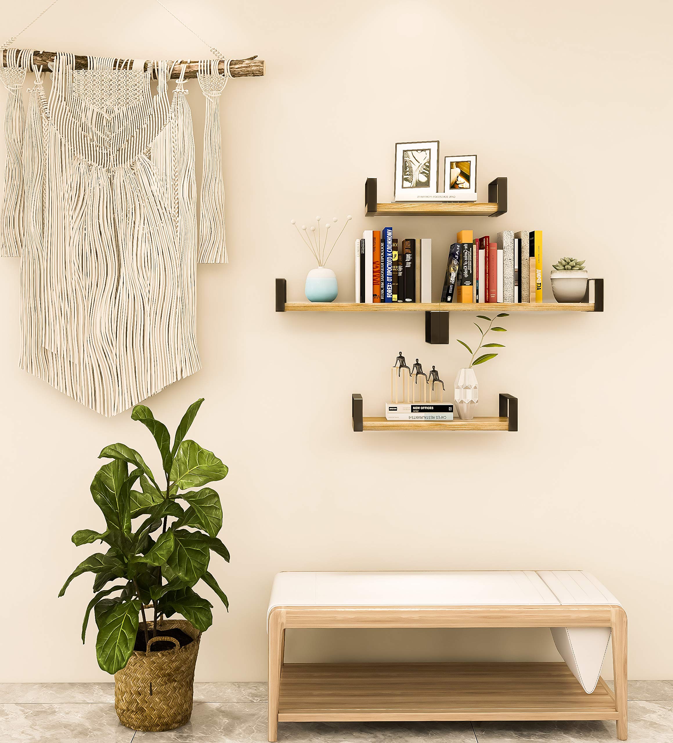 Wood Wall Shelves Set of 3 - Floating Shelves for Bathroom, Bedroom & Living Room Decor