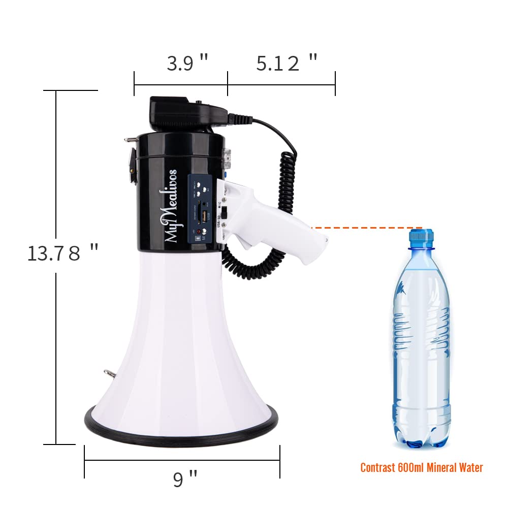 MyMealivos 50W Bluetooth Megaphone with Siren & Detachable Mic - Portable Bullhorn Speaker with AUX Input, Lightweight Strap - Perfect for Outdoor Events, Sports Games & Emergency Announcements