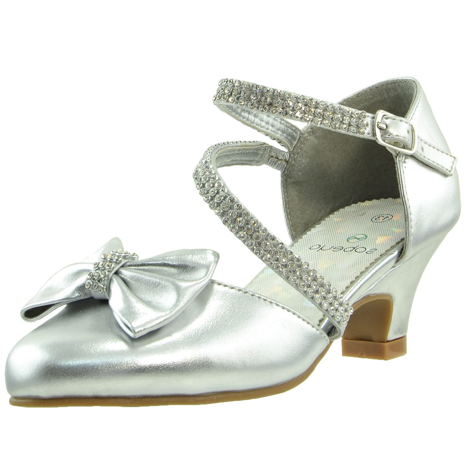 SOBEYO Girls Dress Shoes with Rhinestone Bow Accent - Comfortable Kitten Heel Sandals for Weddings, Parties & Special Occasions