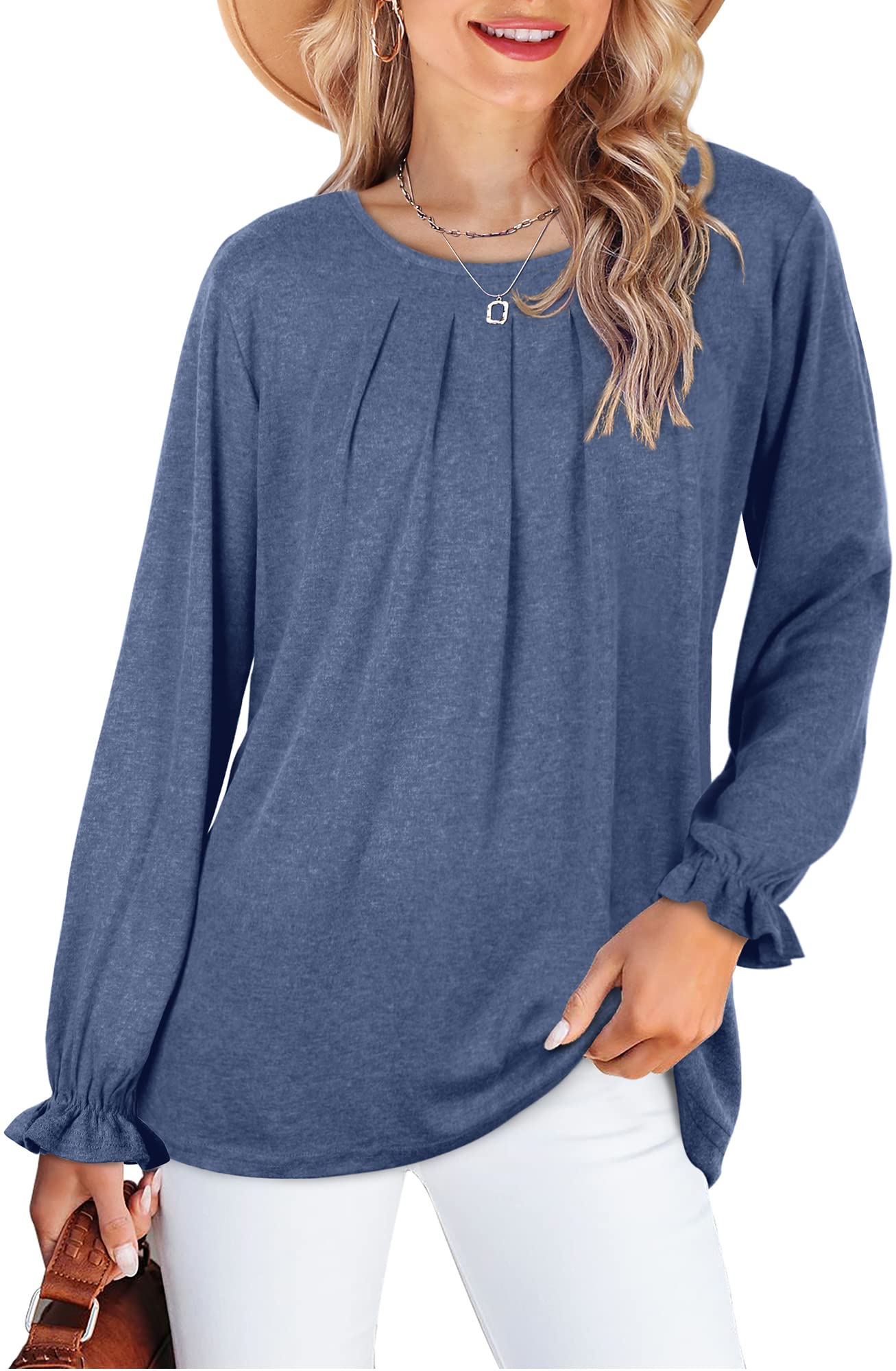 Dofaoo Women's Ruffle Sleeve Tunic Top - Business Casual Crew Neck Blouse in Solid Blue (XXL) | Perfect for Office Wear, Date Night & Spring Outfits